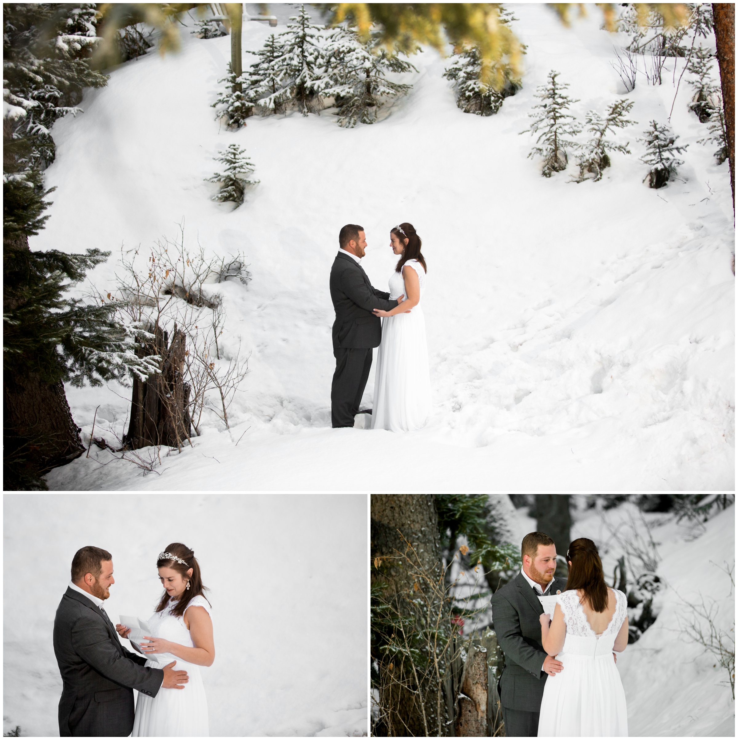 couple saying vows in the snow during Colorado winter mountain wedding 