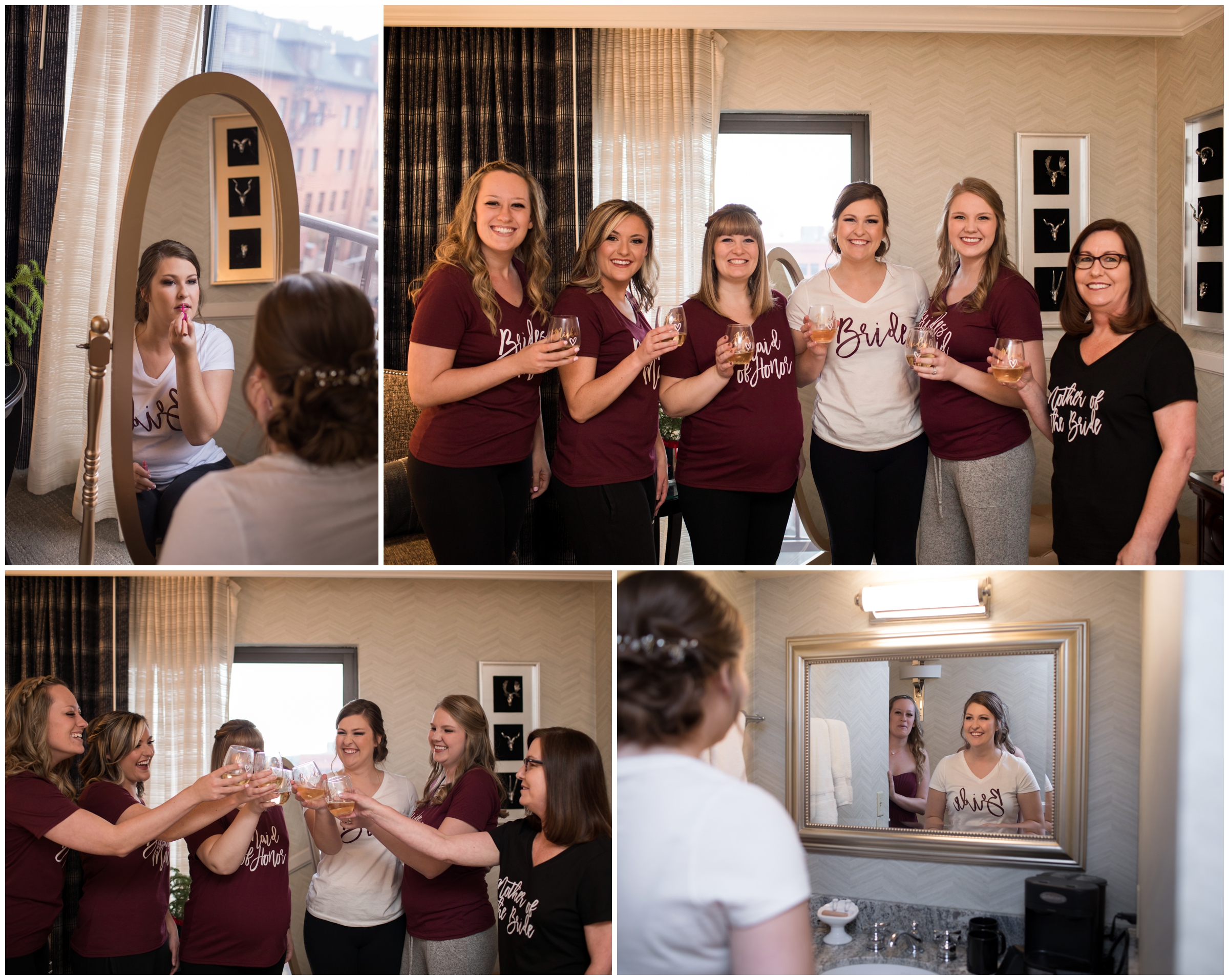 bride and bridesmaids in matching t-shirts 