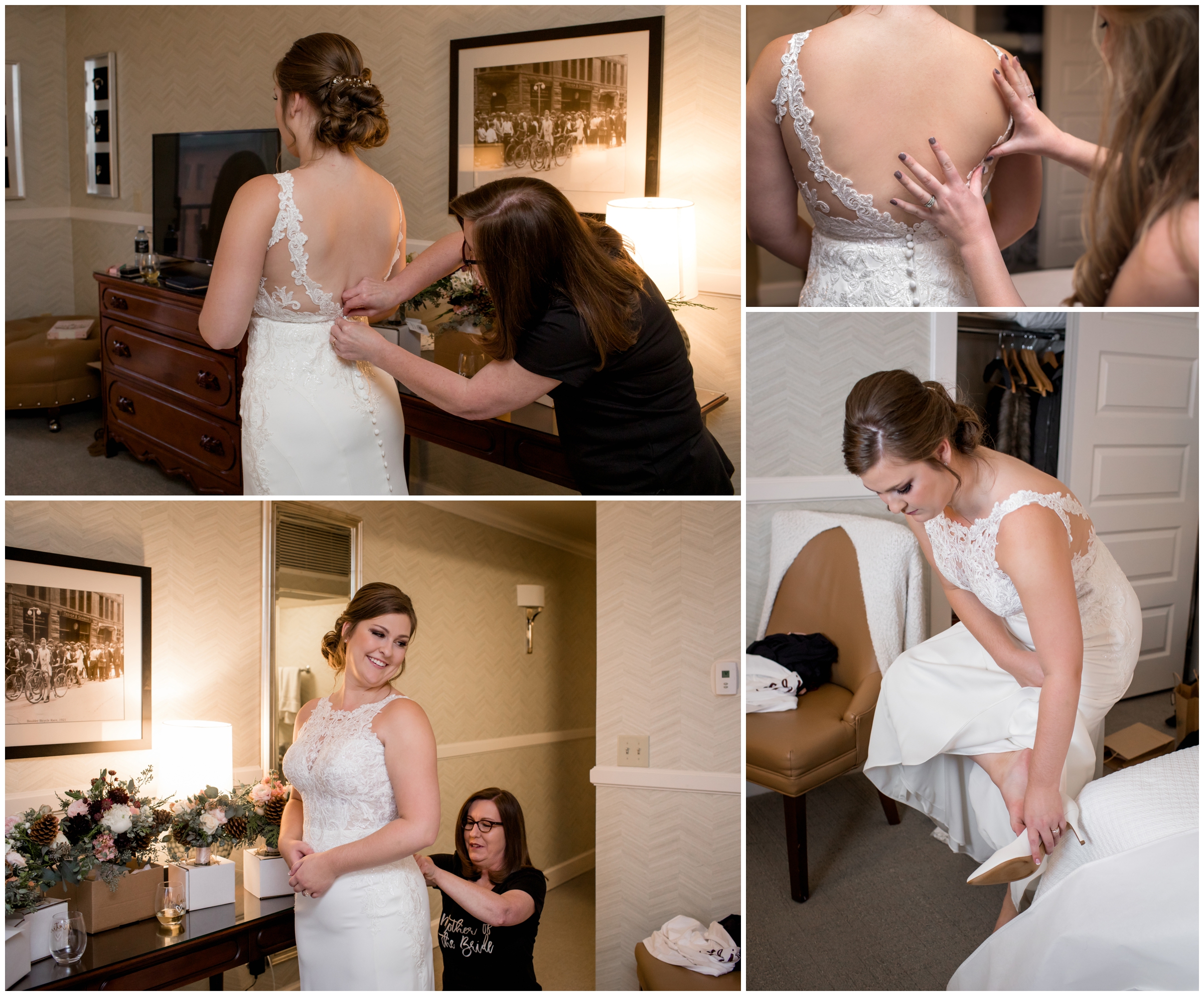 bride getting dressed at Hotel Boulderado Colorado 