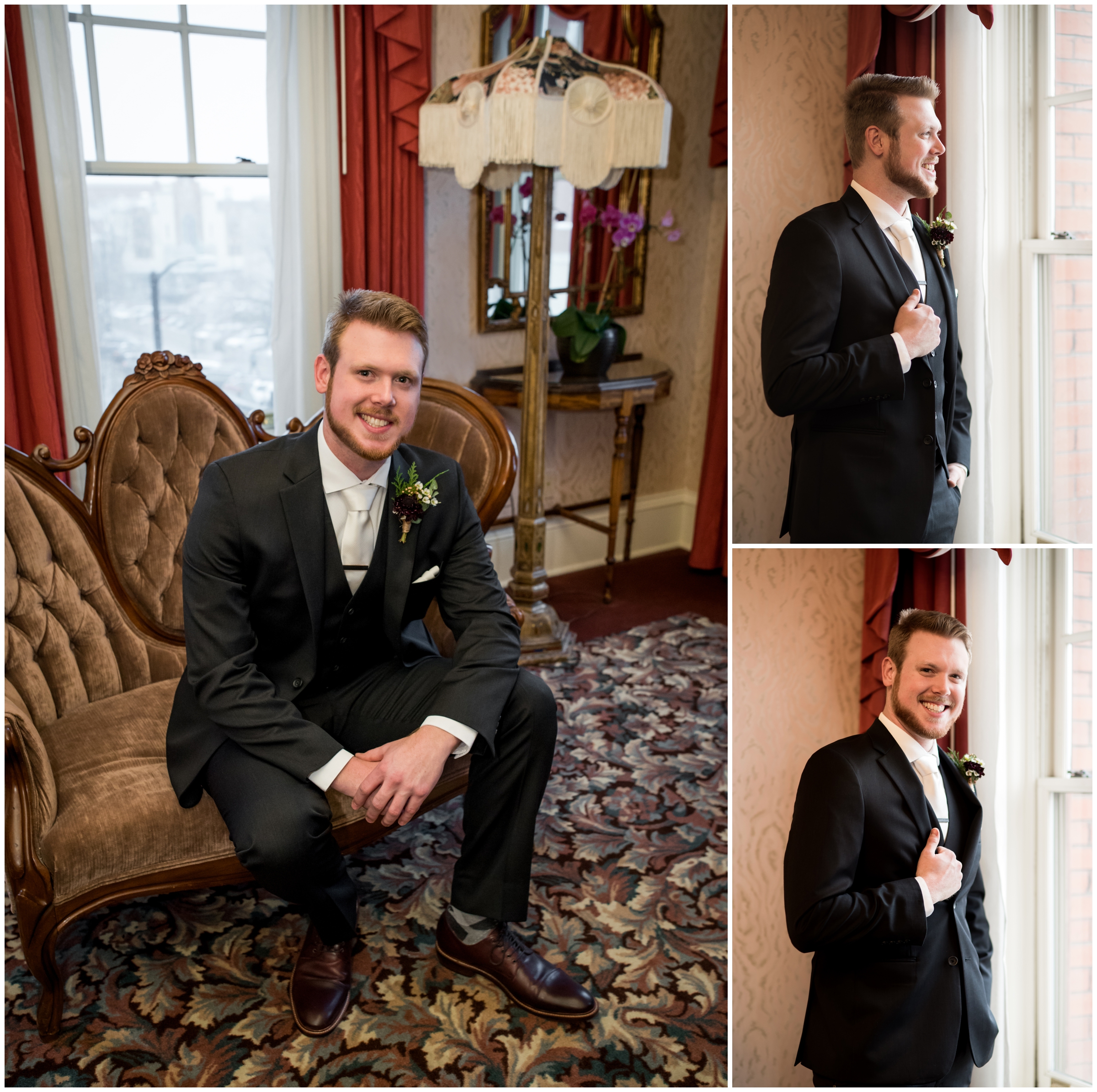 groom posing on vintage couch at Hotel Boulderado winter wedding 