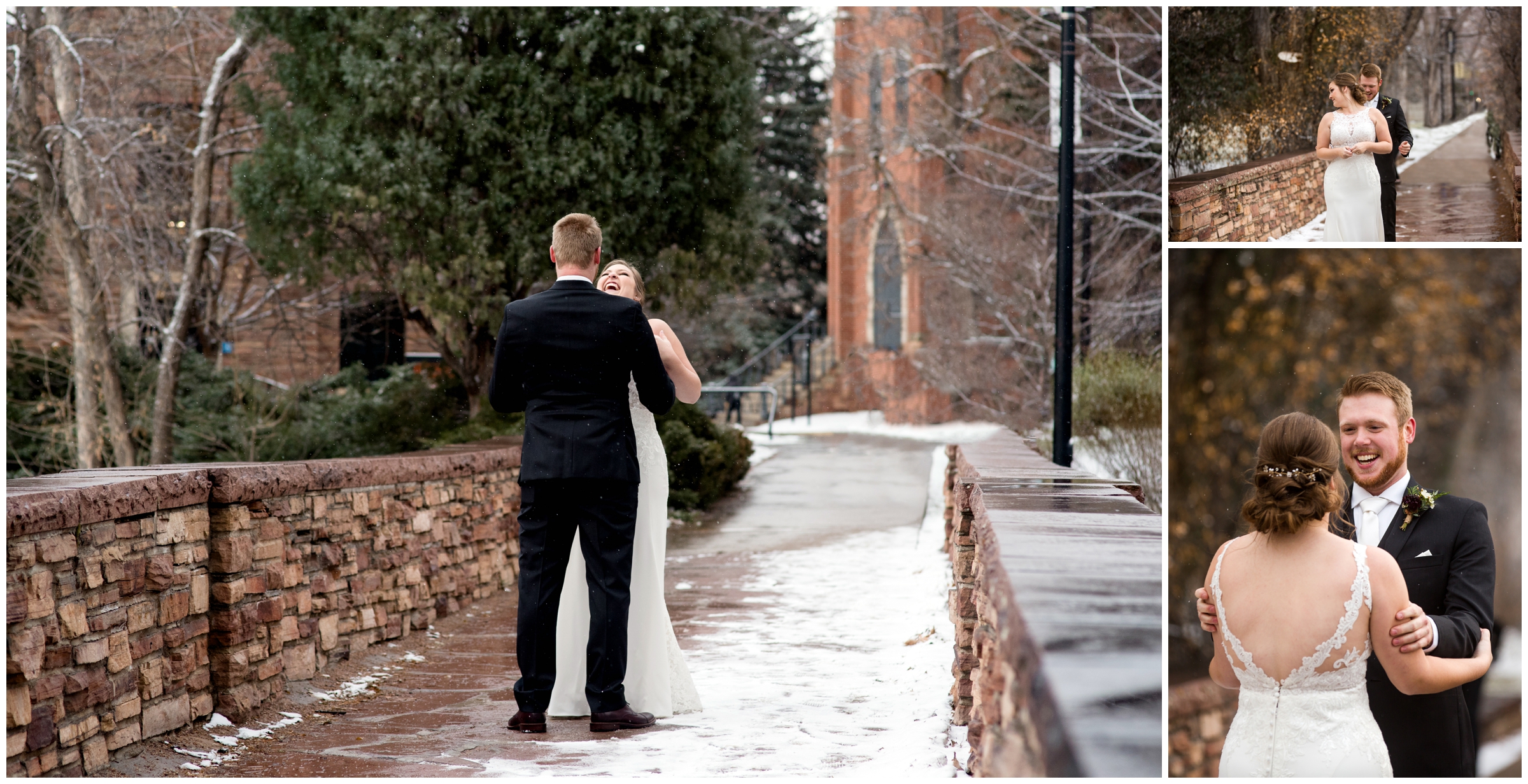 bride and groom first look on a bridge in Boulder Colorado 