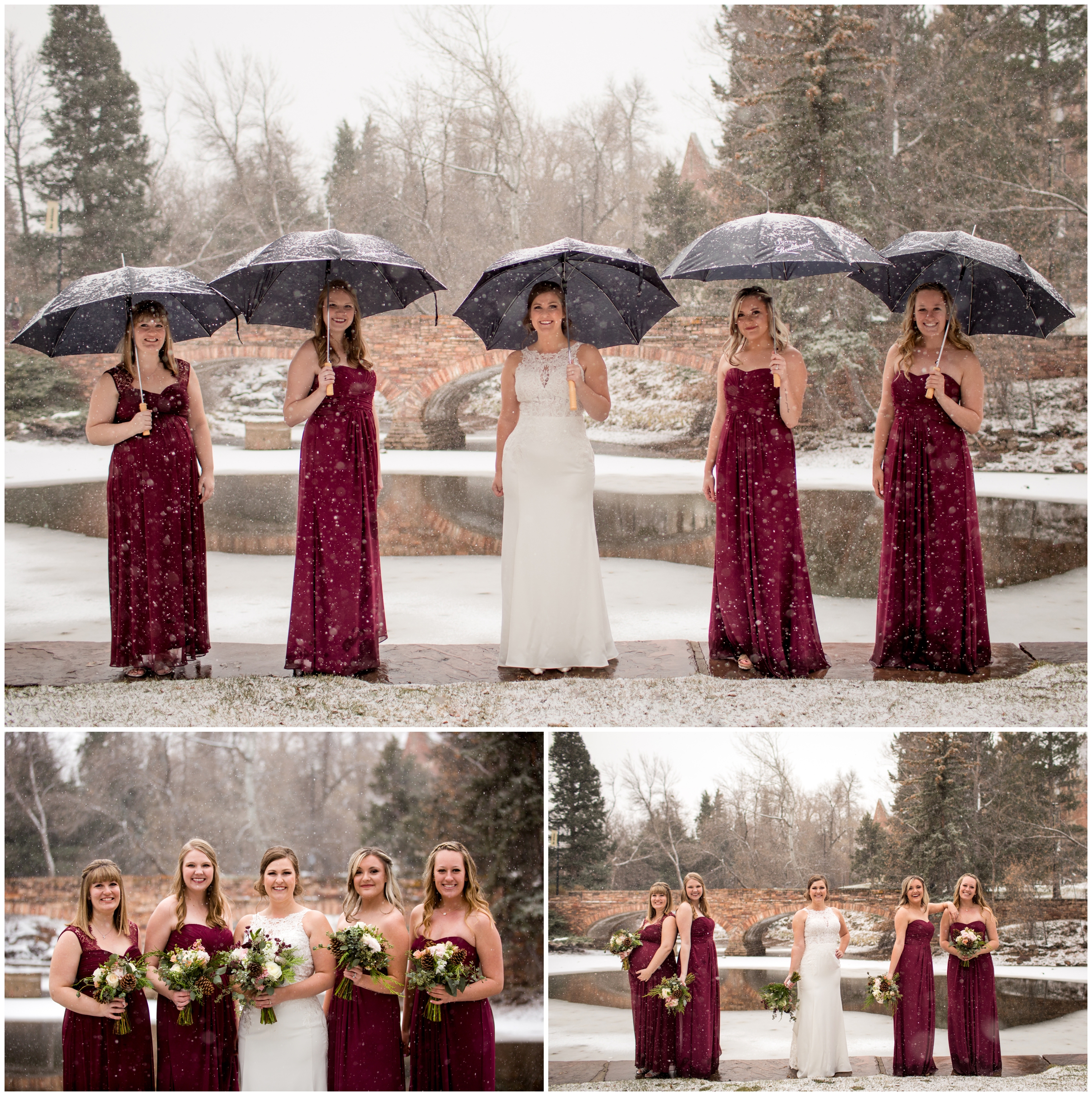 bride and bridesmaids with umbrellas during snowy Colorado winter wedding at CU Boulder 