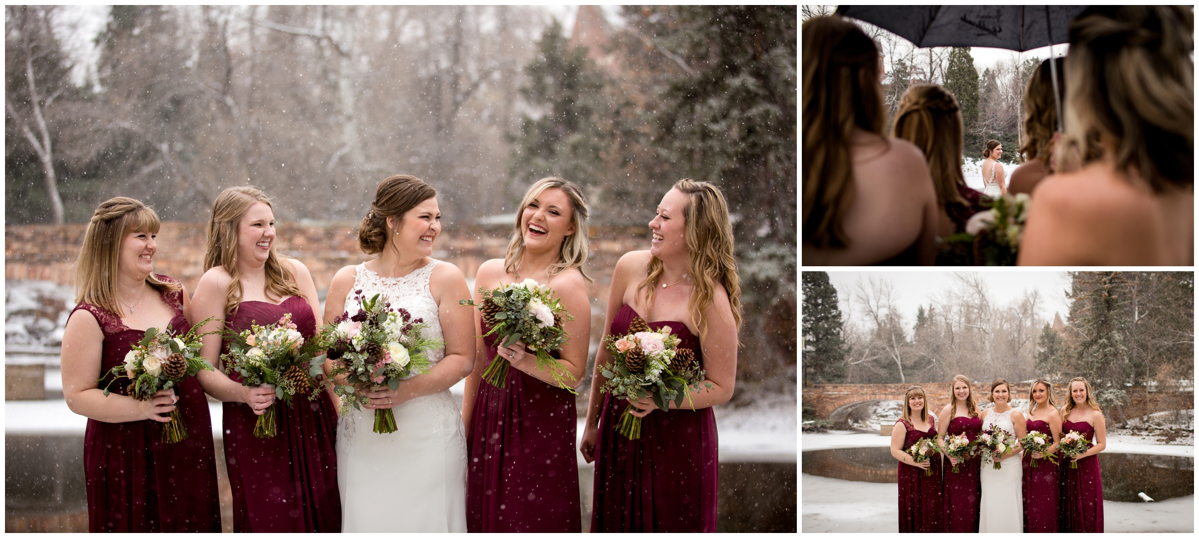 bridesmaids in burgundy dresses during snowy Colorado winter wedding photos 