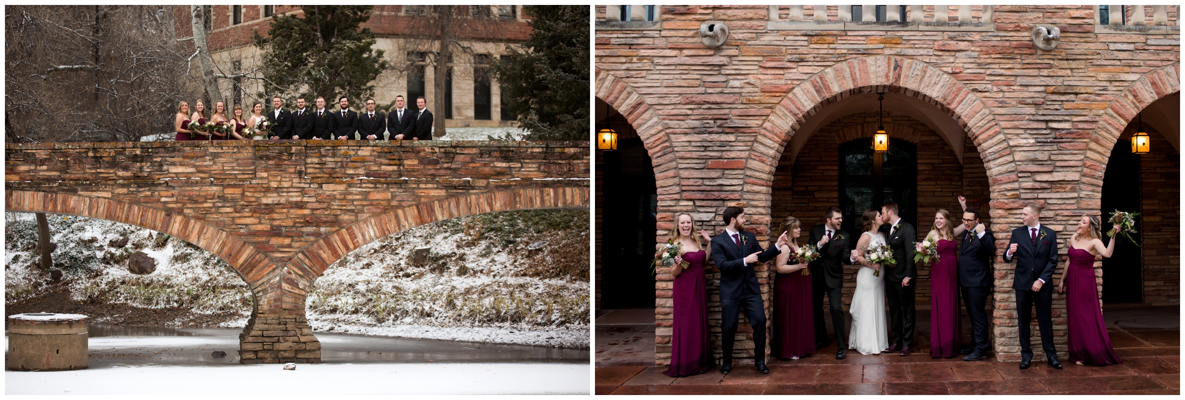 bridal party in burgundy and black during Colorado winter wedding pictures 