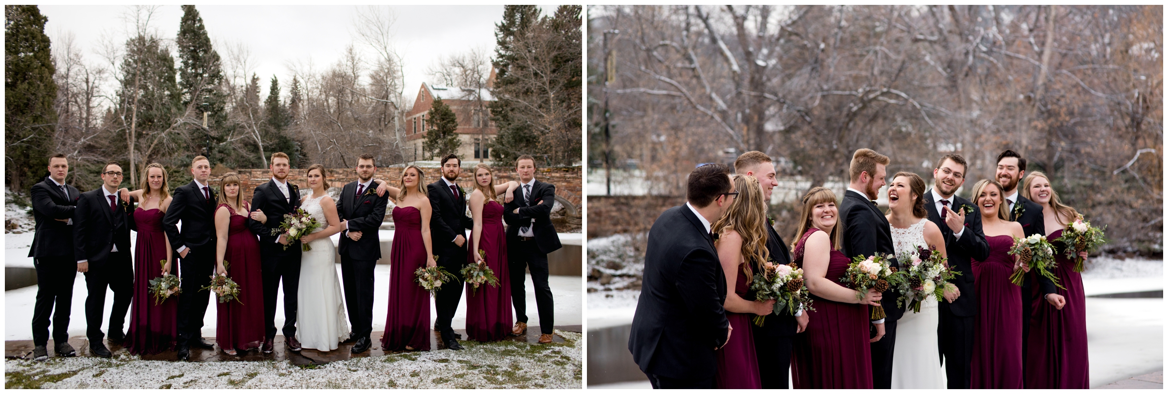 fun bridal party photos in the snow on CU Boulder campus in Colorado 