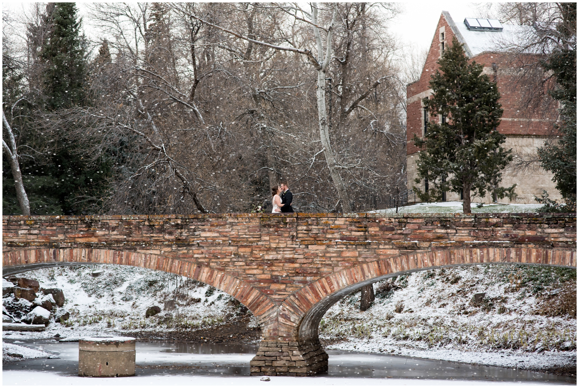 bride and groom posing on bridge at University of Colorado Boulder 