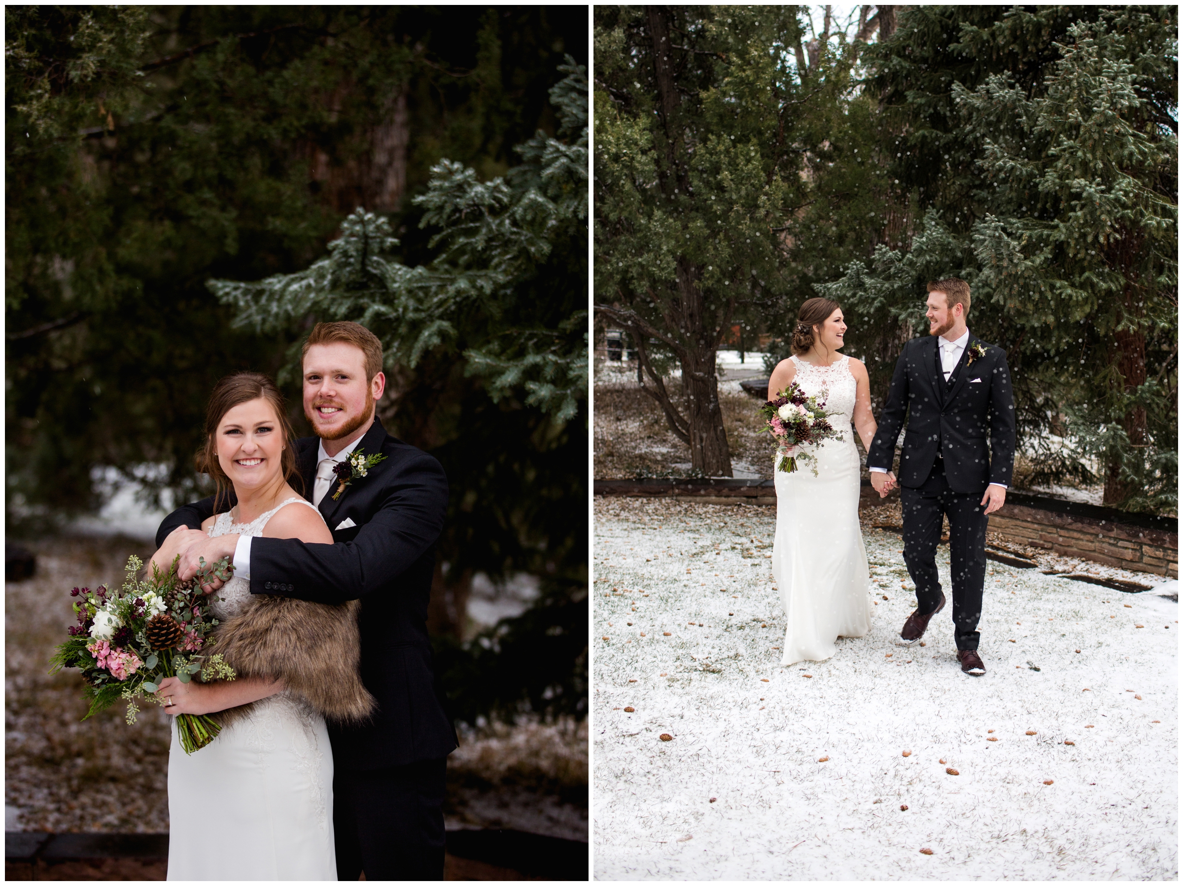 couple walking in snow during Colorado winter wedding photography session 