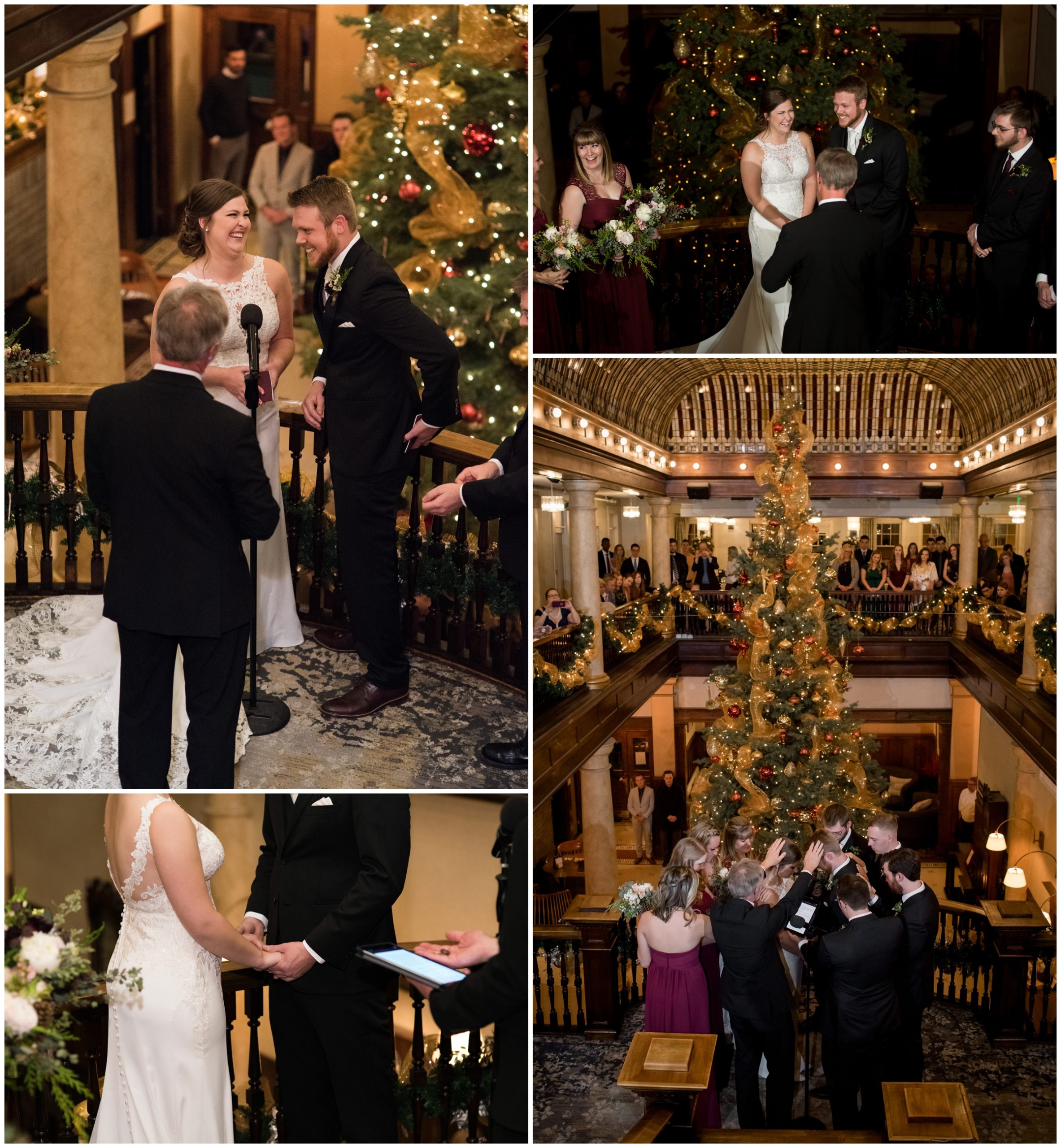 indoor wedding ceremony at Hotel Boulderado with christmas tree backdrop