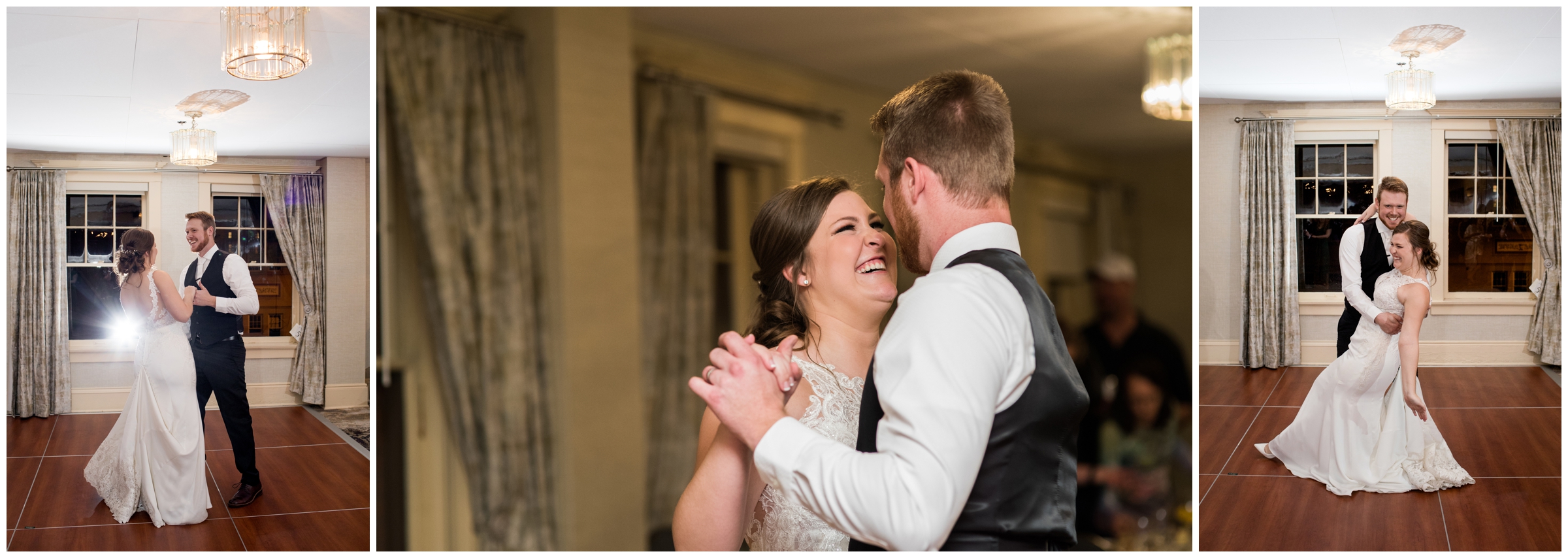 couple's first dance at Hotel Boulderado Colorado winter wedding 