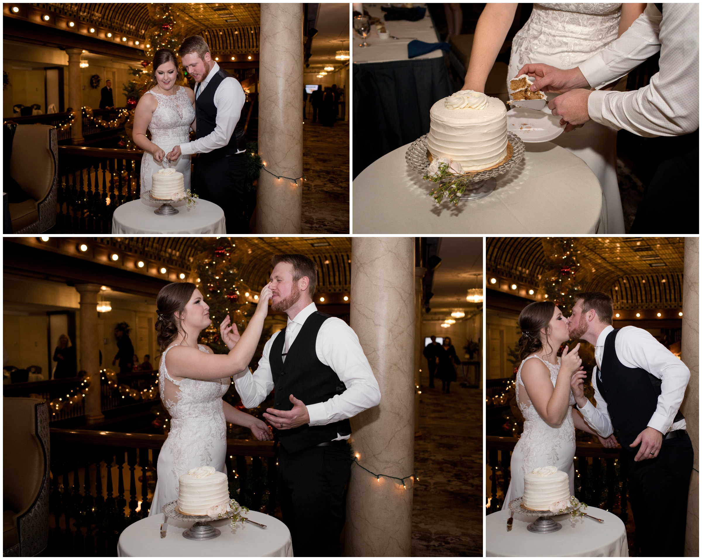 couple cutting their cake at Boulder Colorado winter wedding reception
