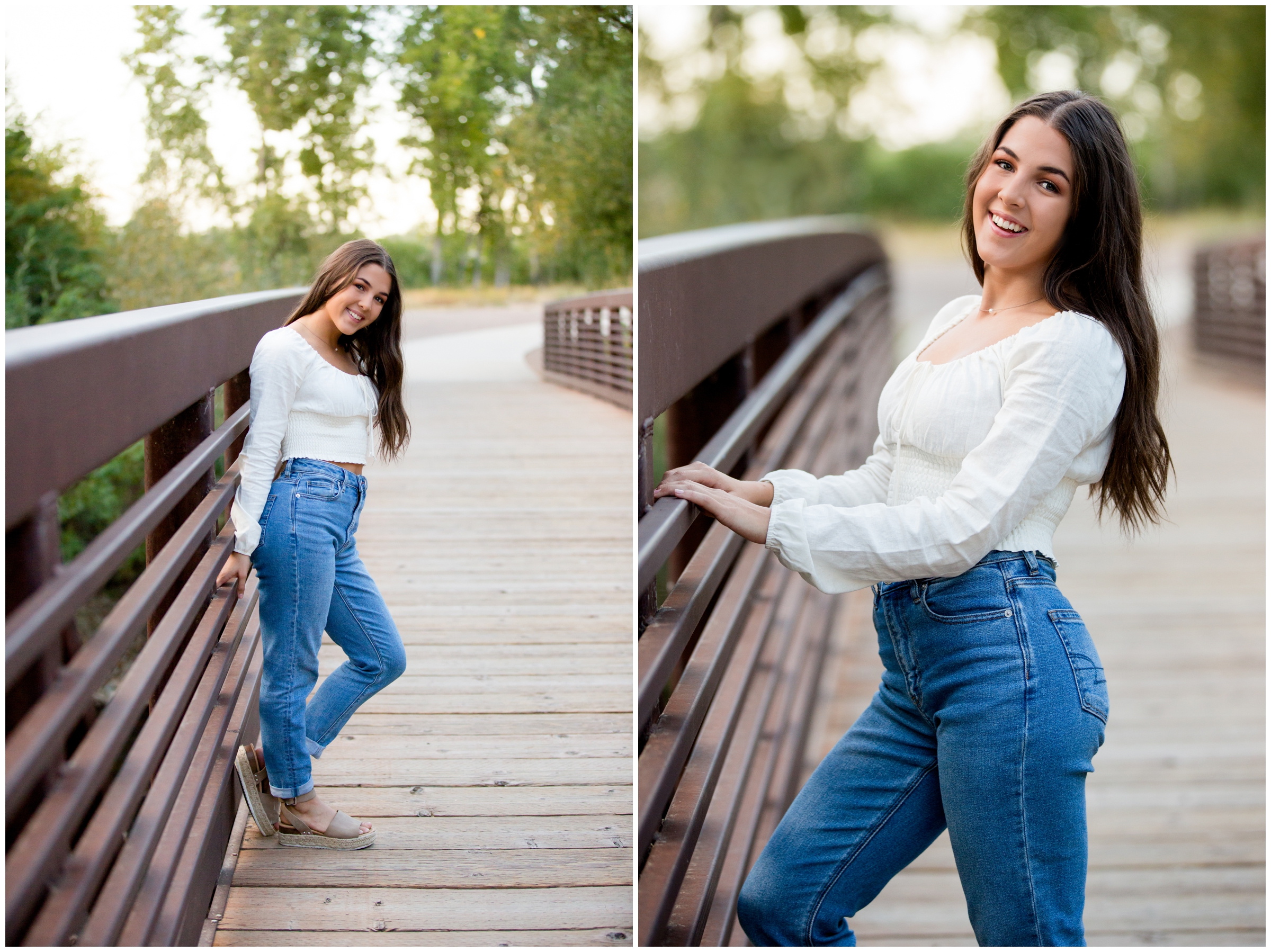 teen leaning against bridge for Colorado senior photography session 