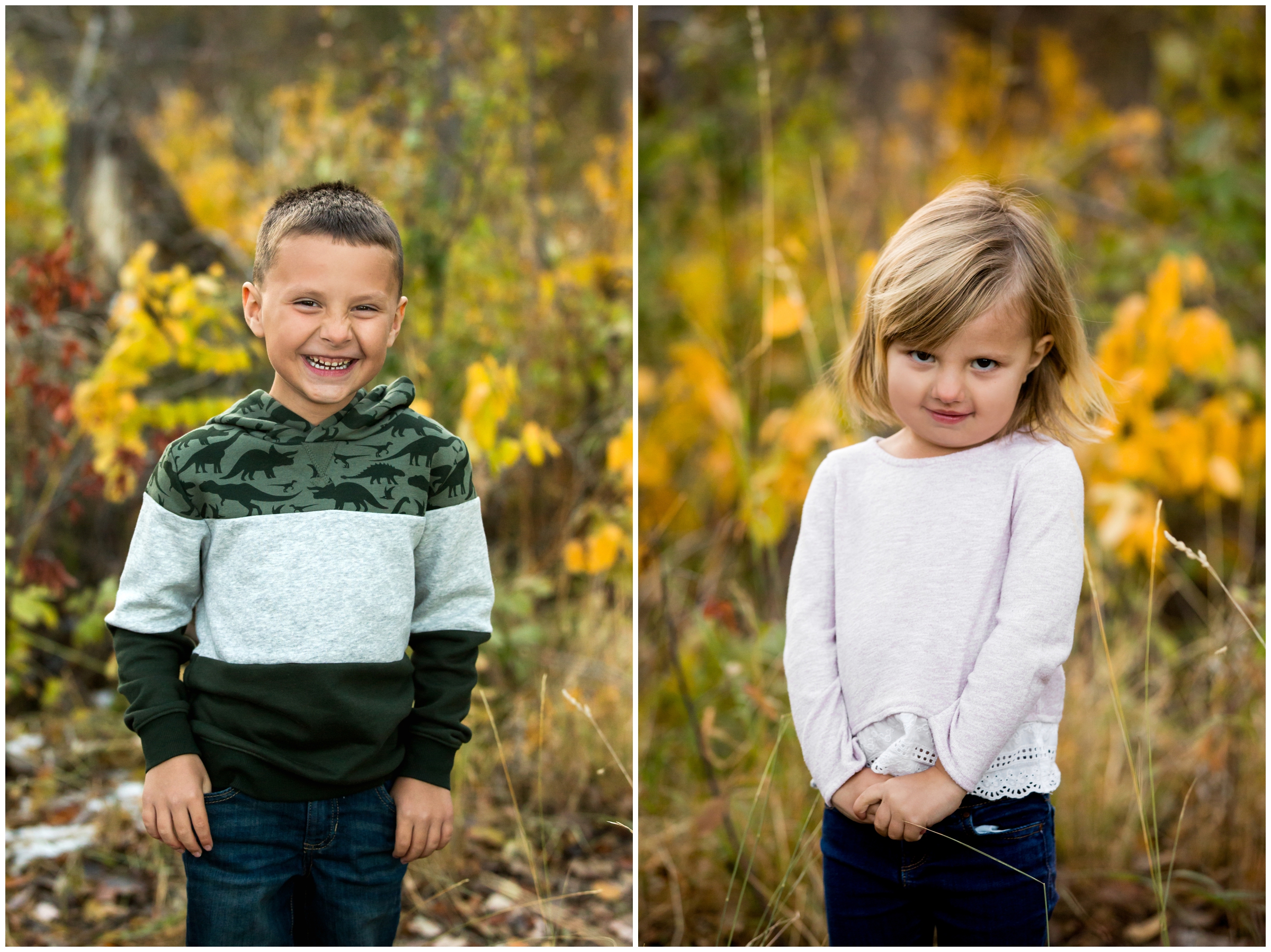kids posing in front of fall foliage during Boulder Colorado family pictures 