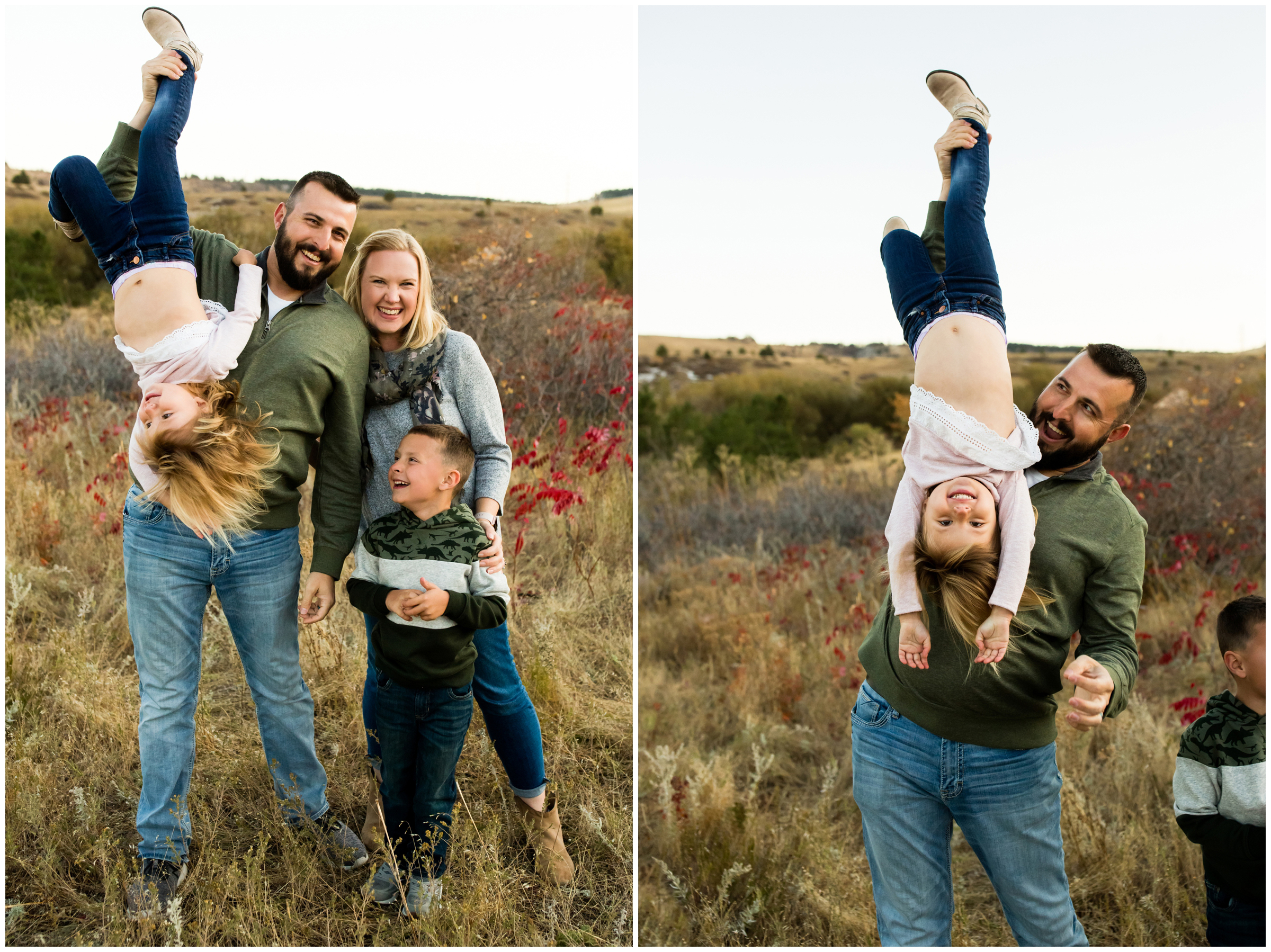 dad hanging daughter upside down during Colorado family photos at South Mesa trail in Boulder