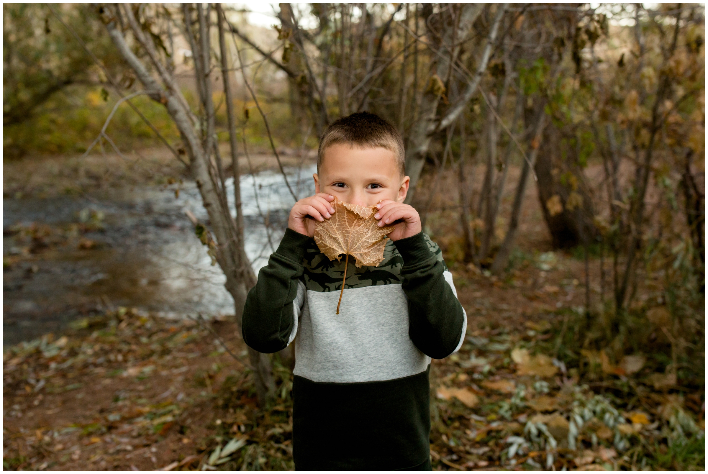 little boy with giant leaf during fall family pictures in Boulder, Colorado 
