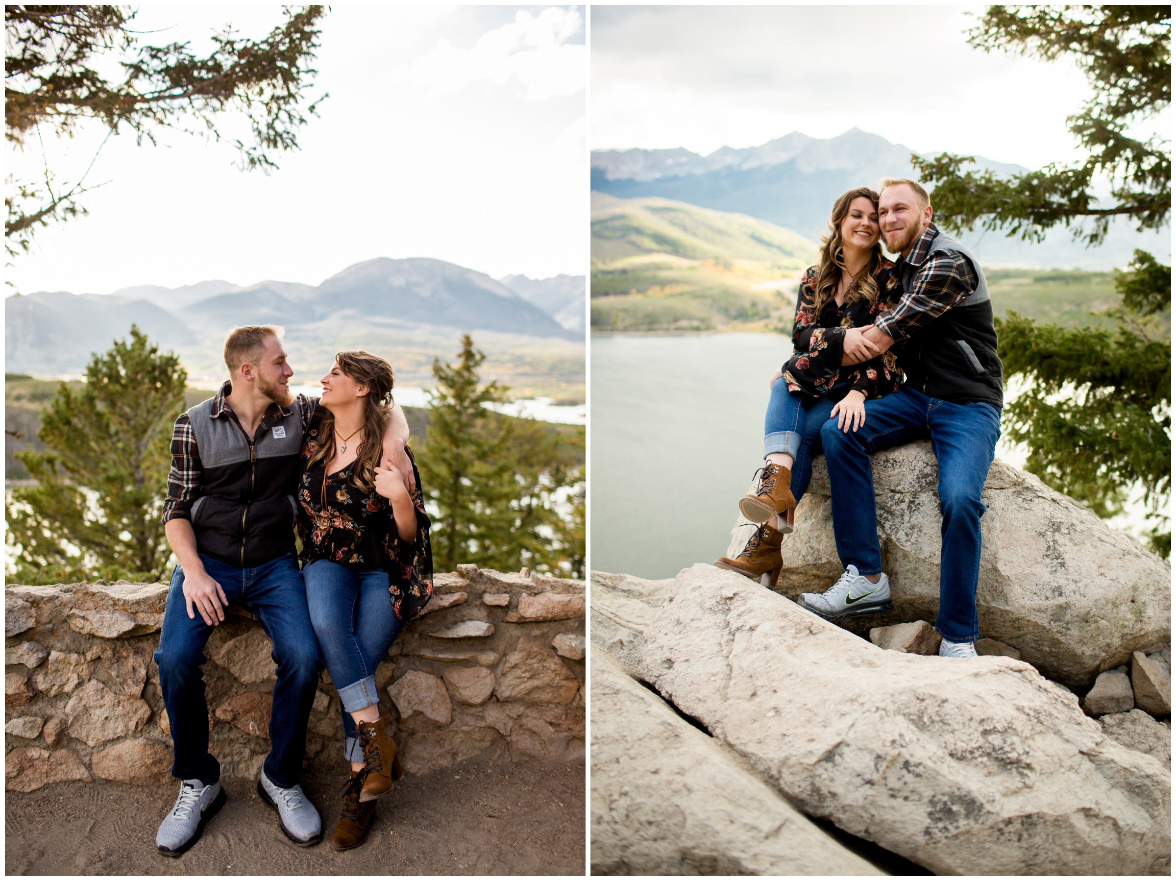 couple sitting on rocks during Sapphire Point Breckenridge Colorado engagement pictures