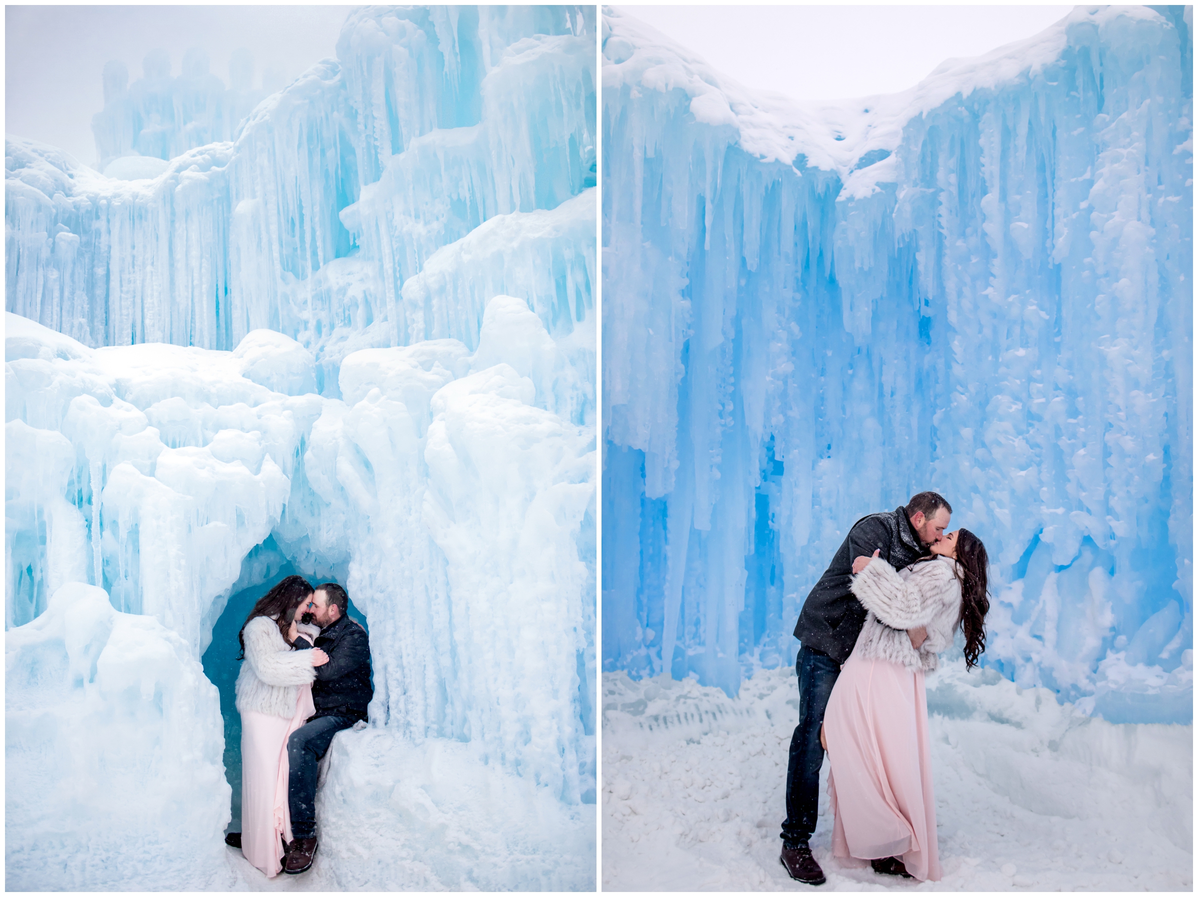 man dipping fiancé during winter engagement photography session at Dillon Colorado ice castles 