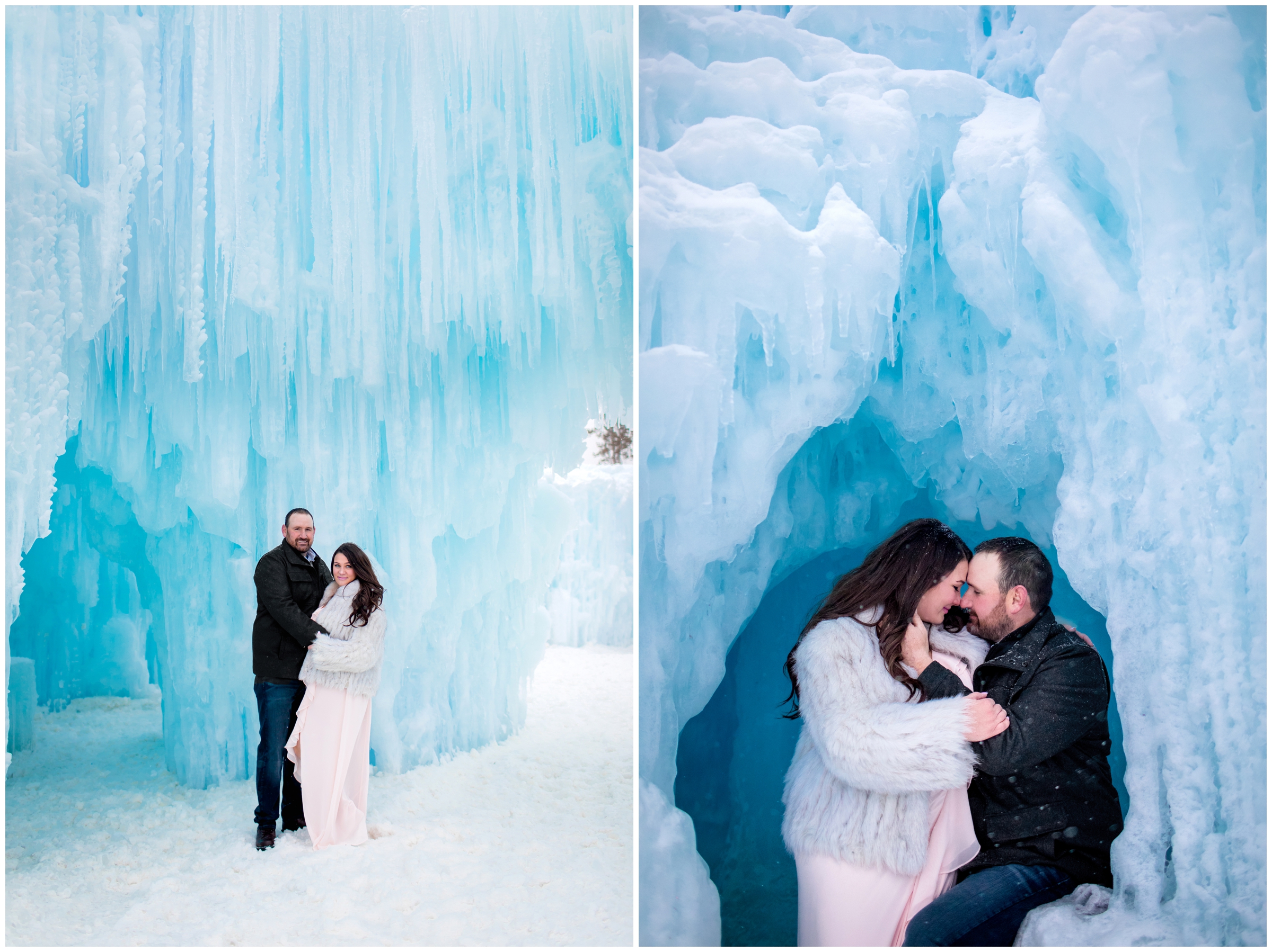 couple sitting on the ice at Dillon Colorado ice castles during winter engagement portraits 