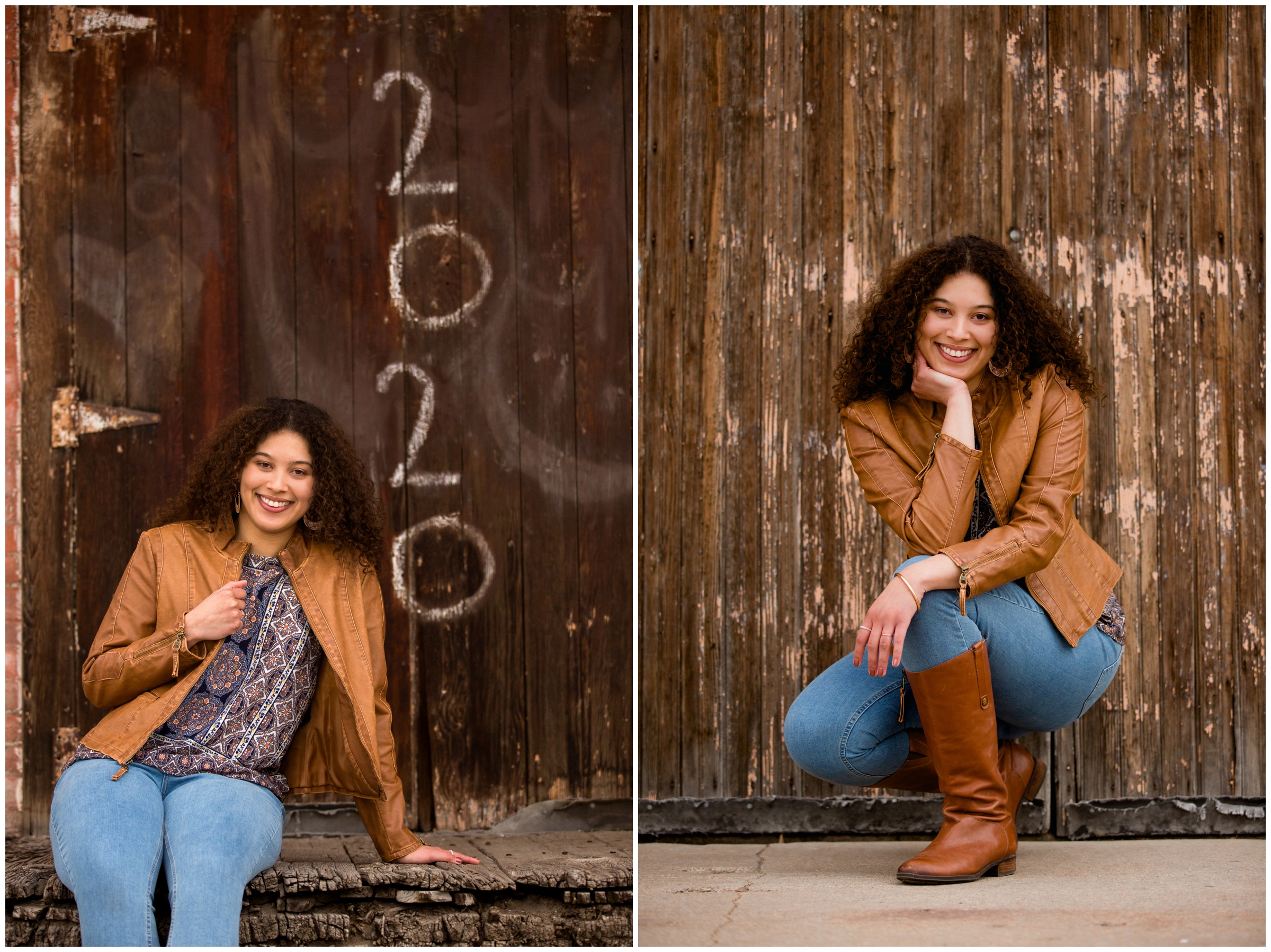woman posing in front of wood wall during Greeley Colorado college senior photos 