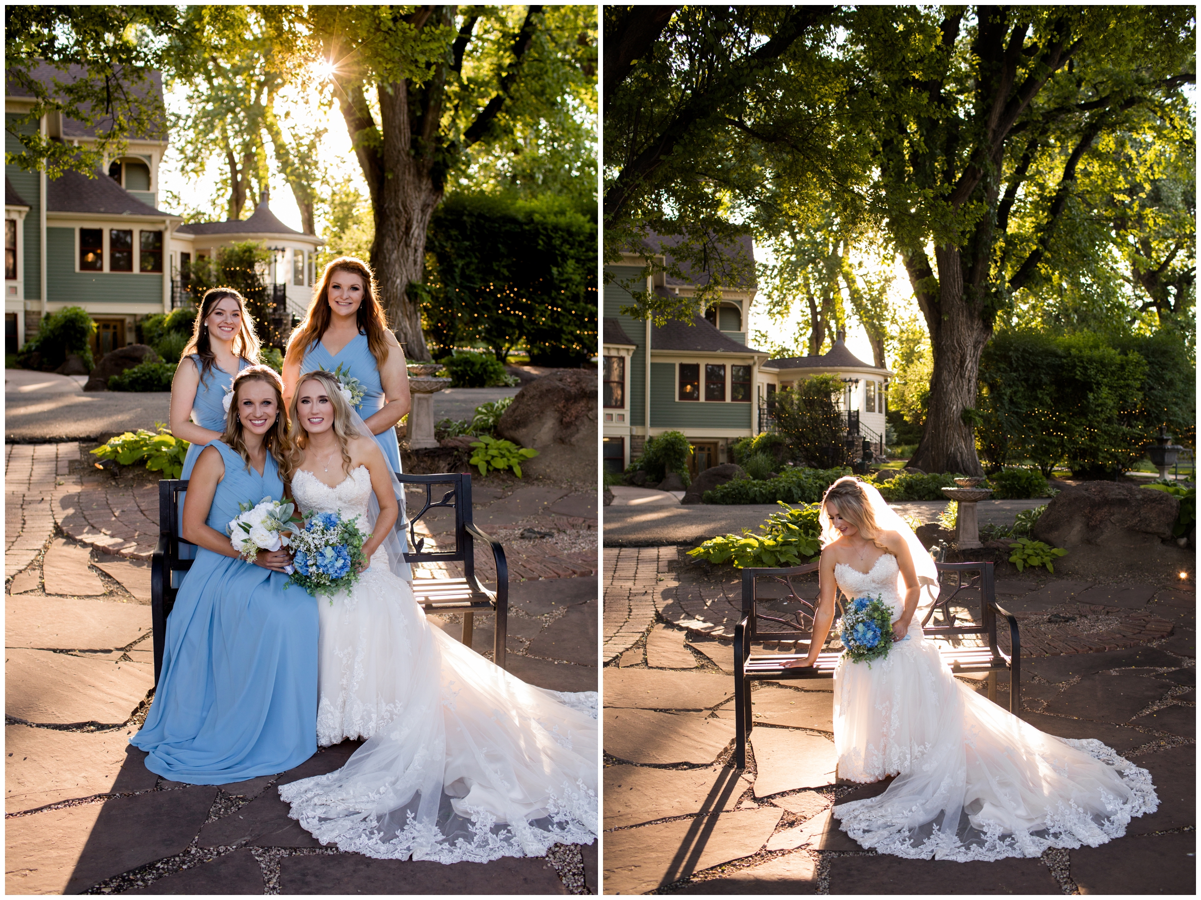 bride posing on a bench during Fort Collins Colorado summer wedding portraits 