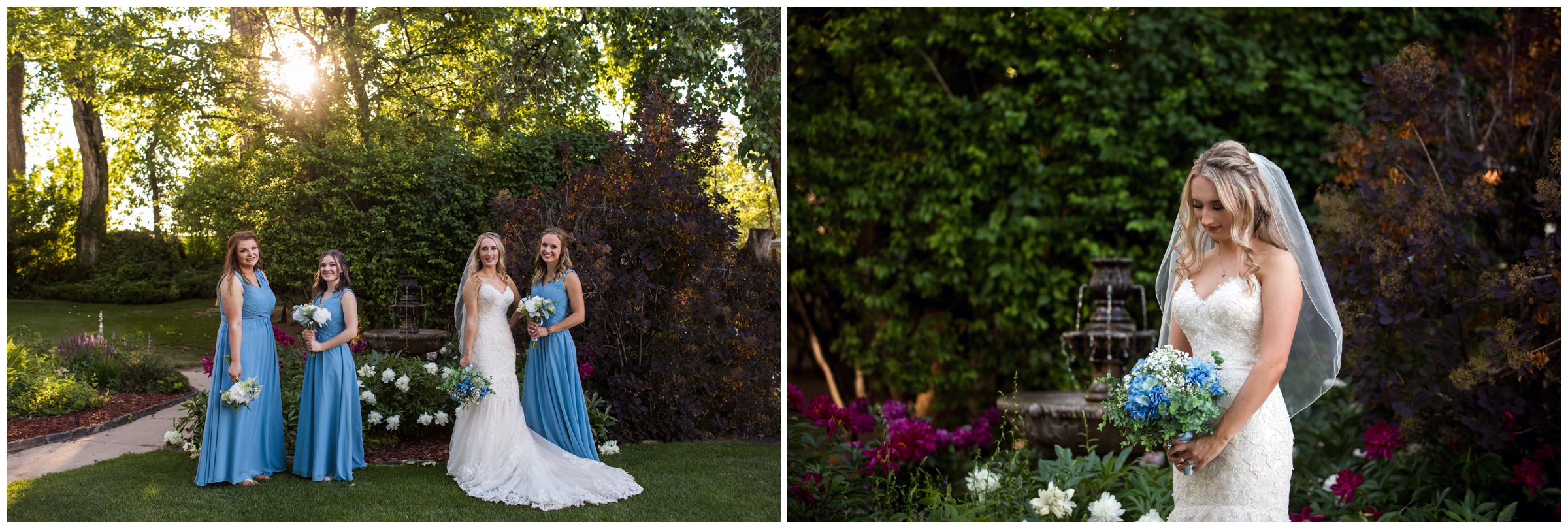 bride and bridesmaids in blue posing in gardens at Fort Collins Tapestry House wedding 