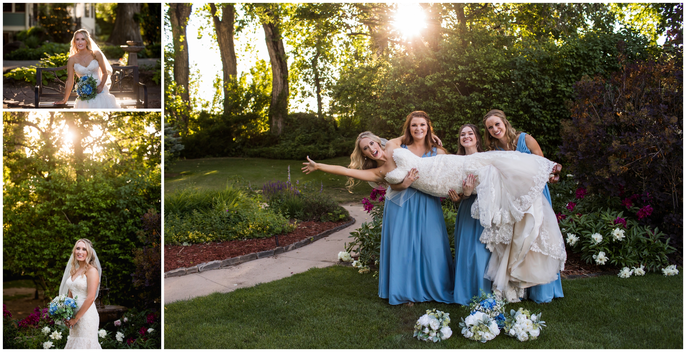 bridesmaids lifting bride during Fort Collins wedding pictures at Tapestry House 