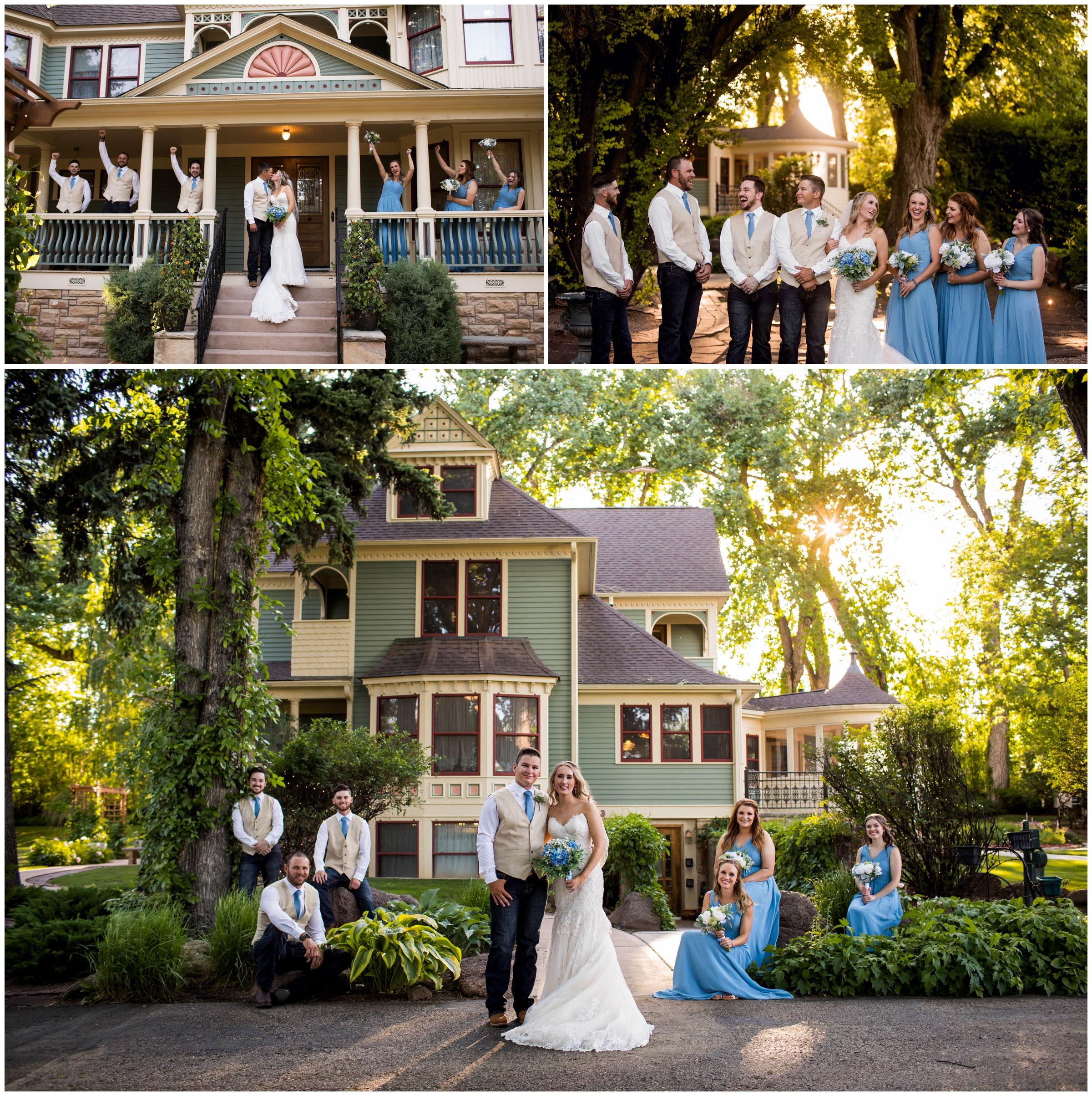 wedding party in blue and tan posing in front of the Tapestry House at Fort Collins wedding 