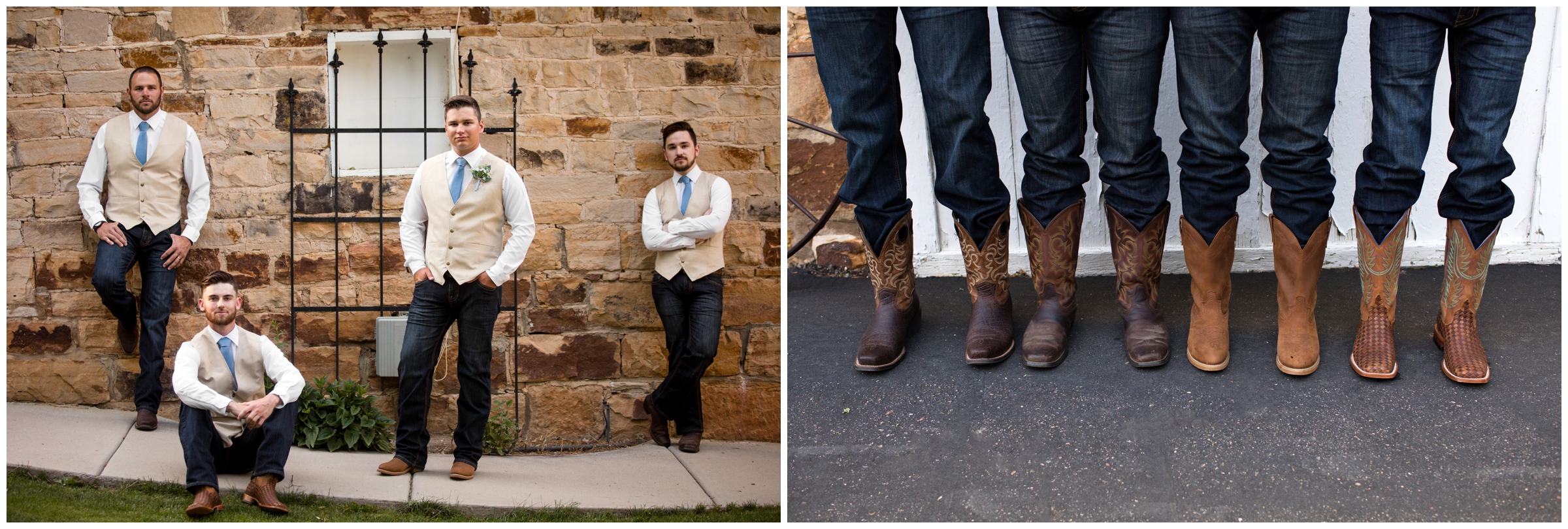 groomsmen in jeans and cowboy boots at Colorado wedding