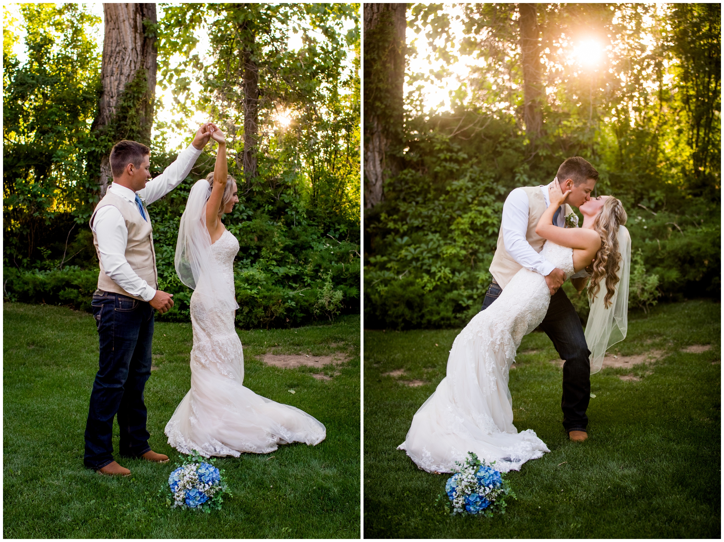 groom dipping bride in sunny golden light at Tapestry House wedding in Ft. Collins 