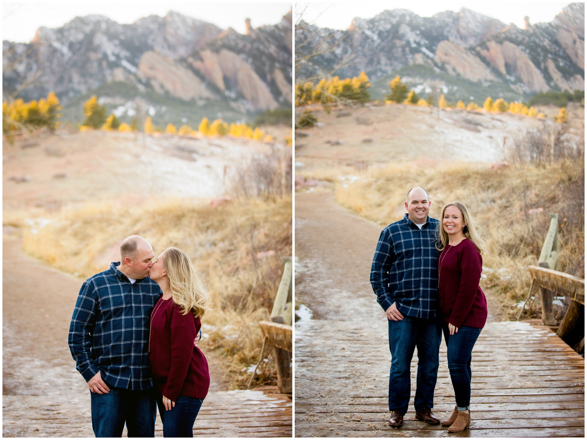 couple kissing on bridge during Colorado couple's portrait session