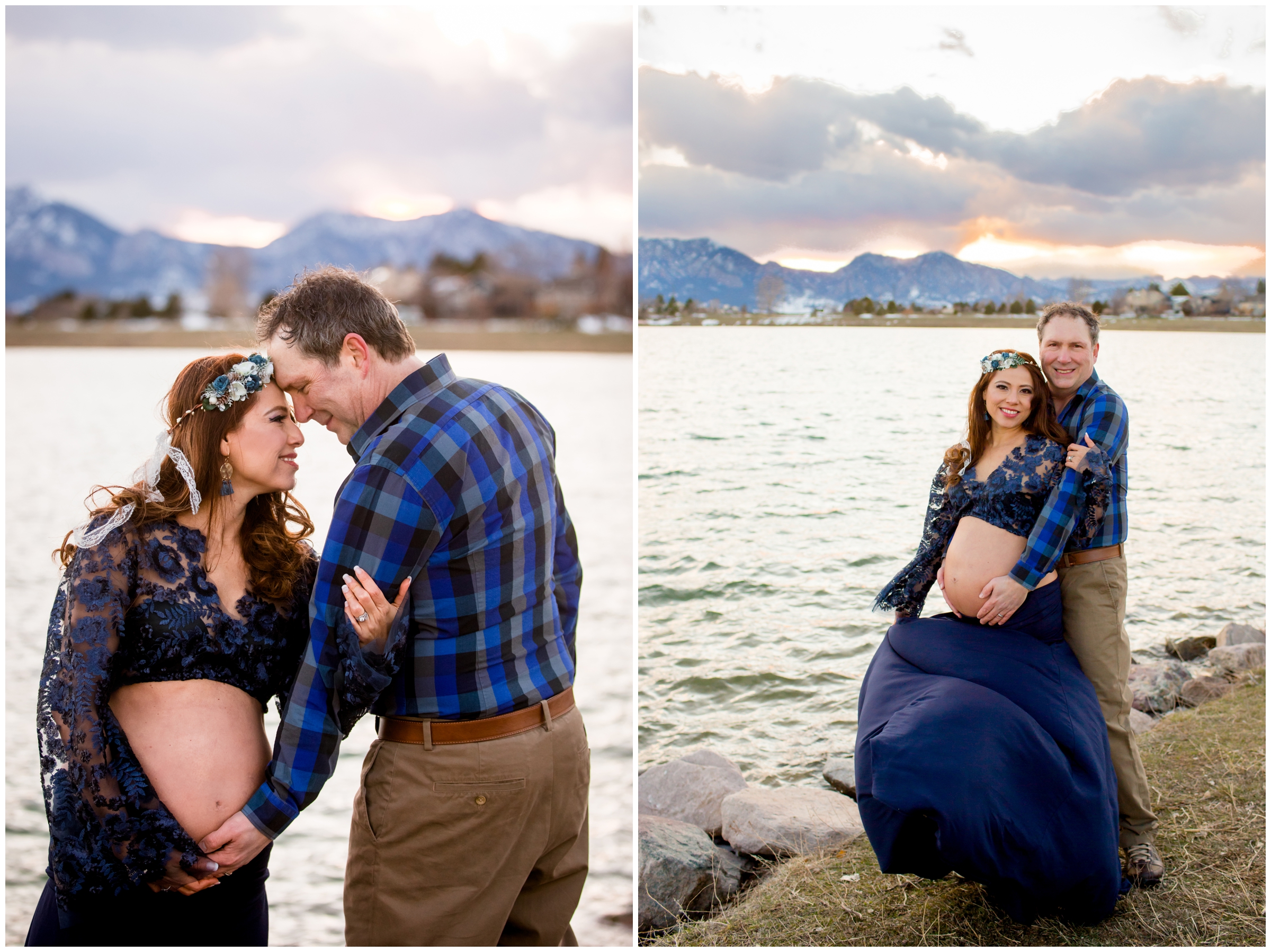 couple posing next to lake during Boulder Colorado mountain maternity photos 