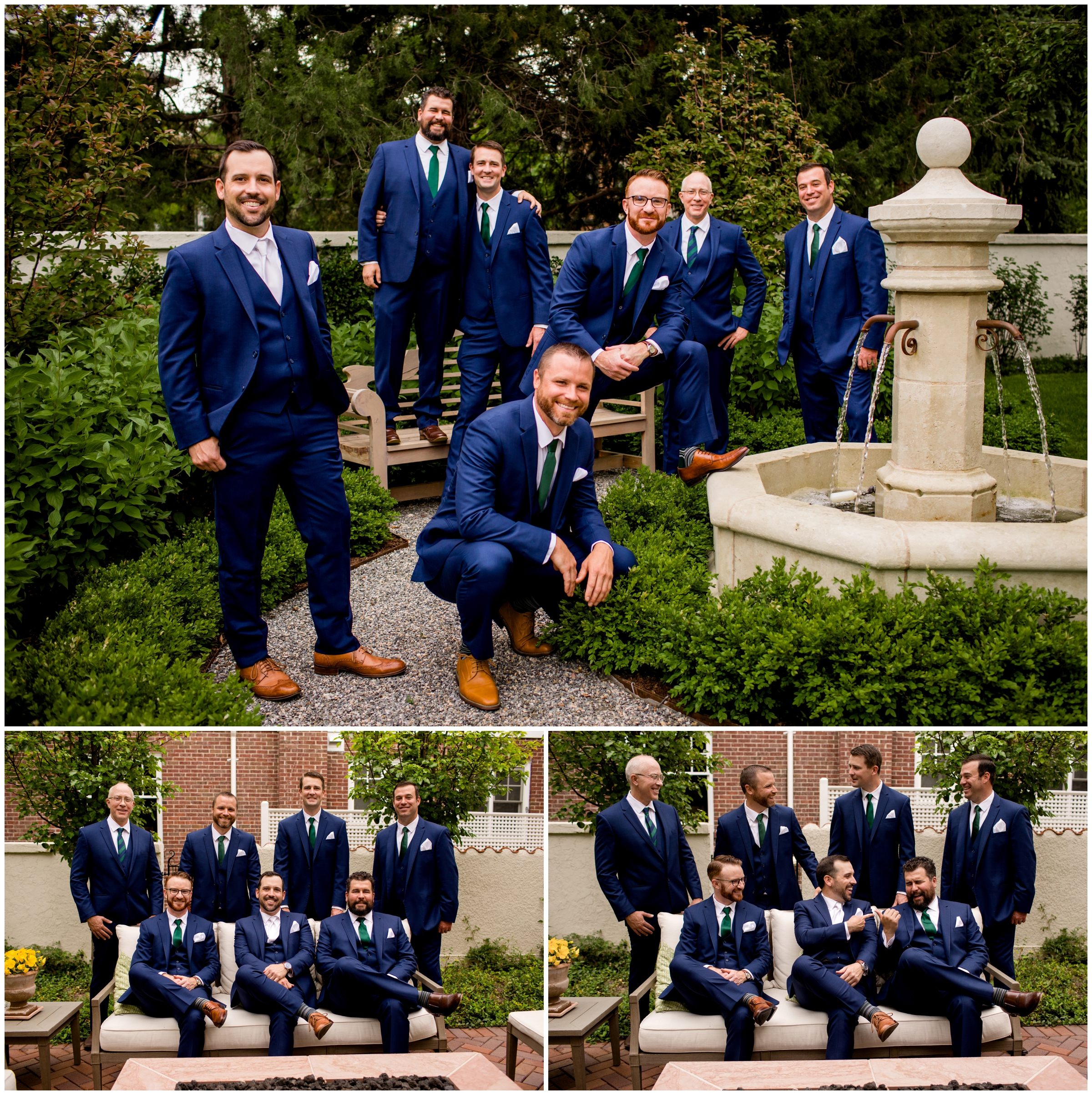 groomsmen in navy blue posing next to fountain at Denver spring wedding 