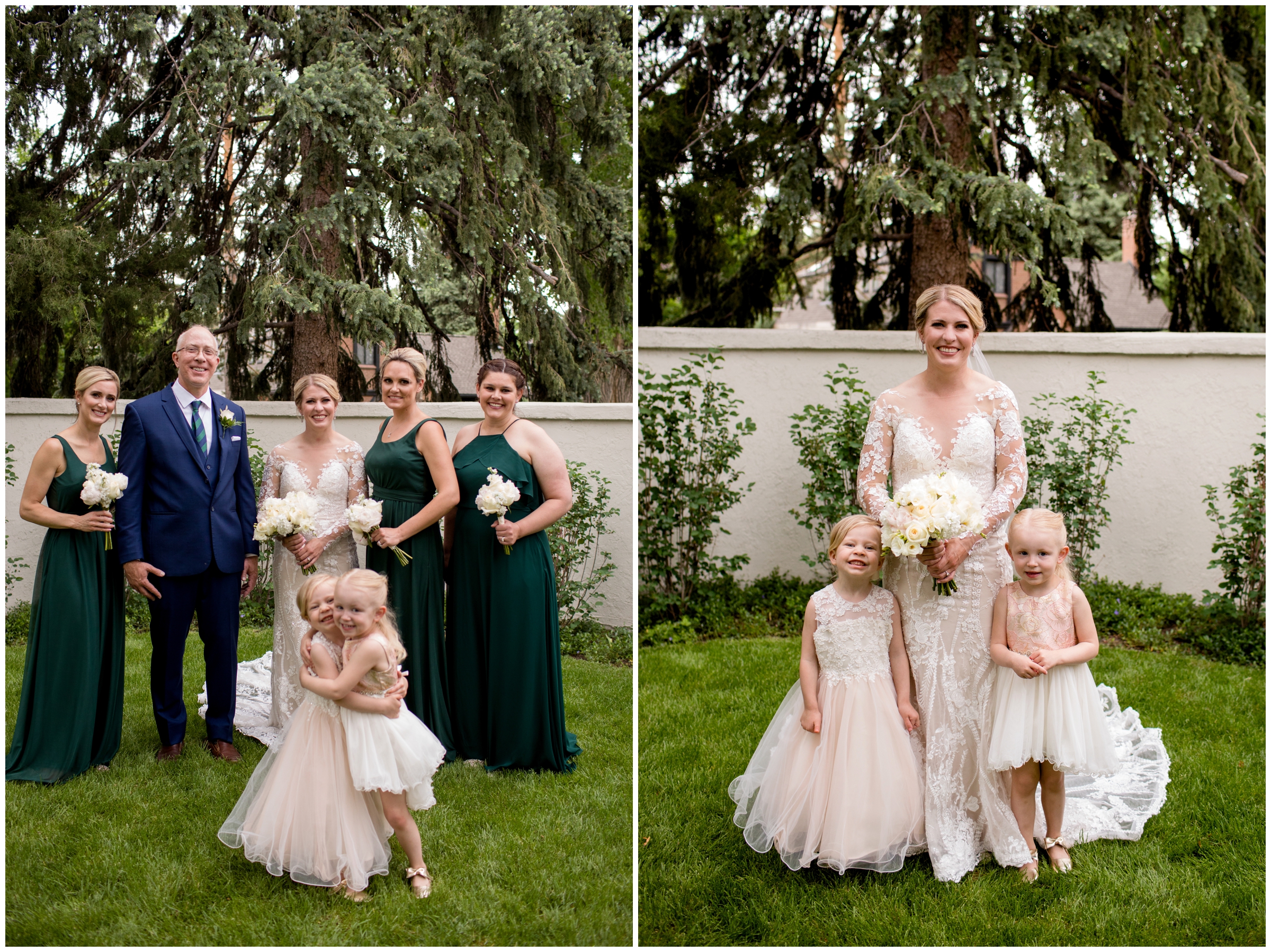 bride posing with flower girls at Denver Colorado backyard wedding