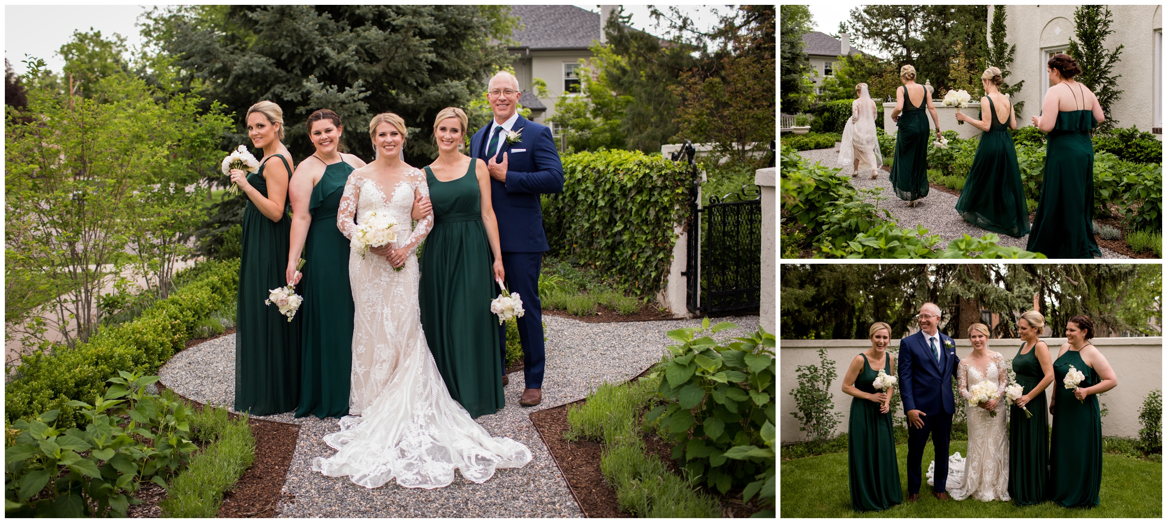 bridal party in dark green and navy blue at intimate Colorado backyard wedding 