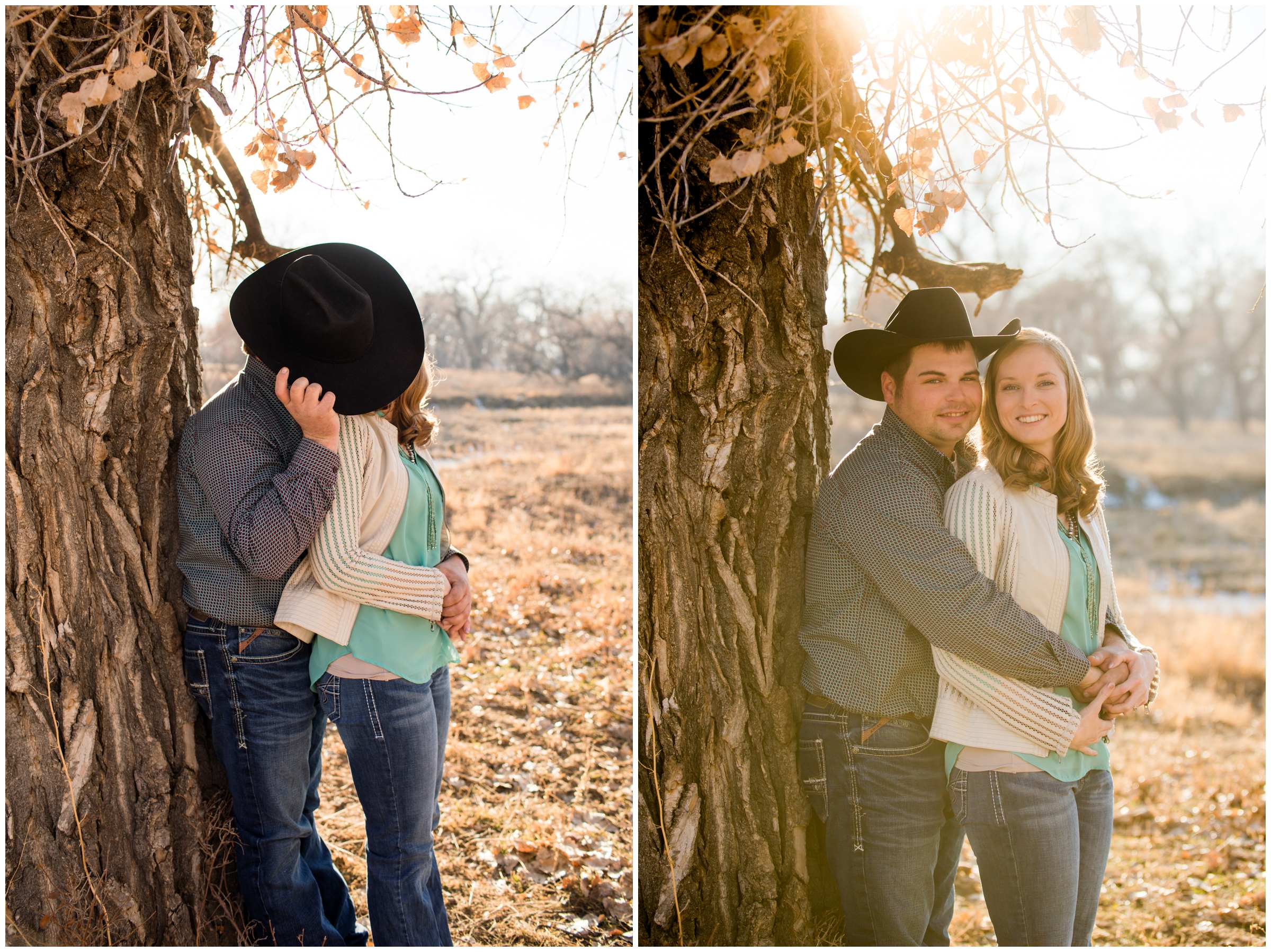 couple kissing behind cowboy hat during rustic Colorado engagement pictures 