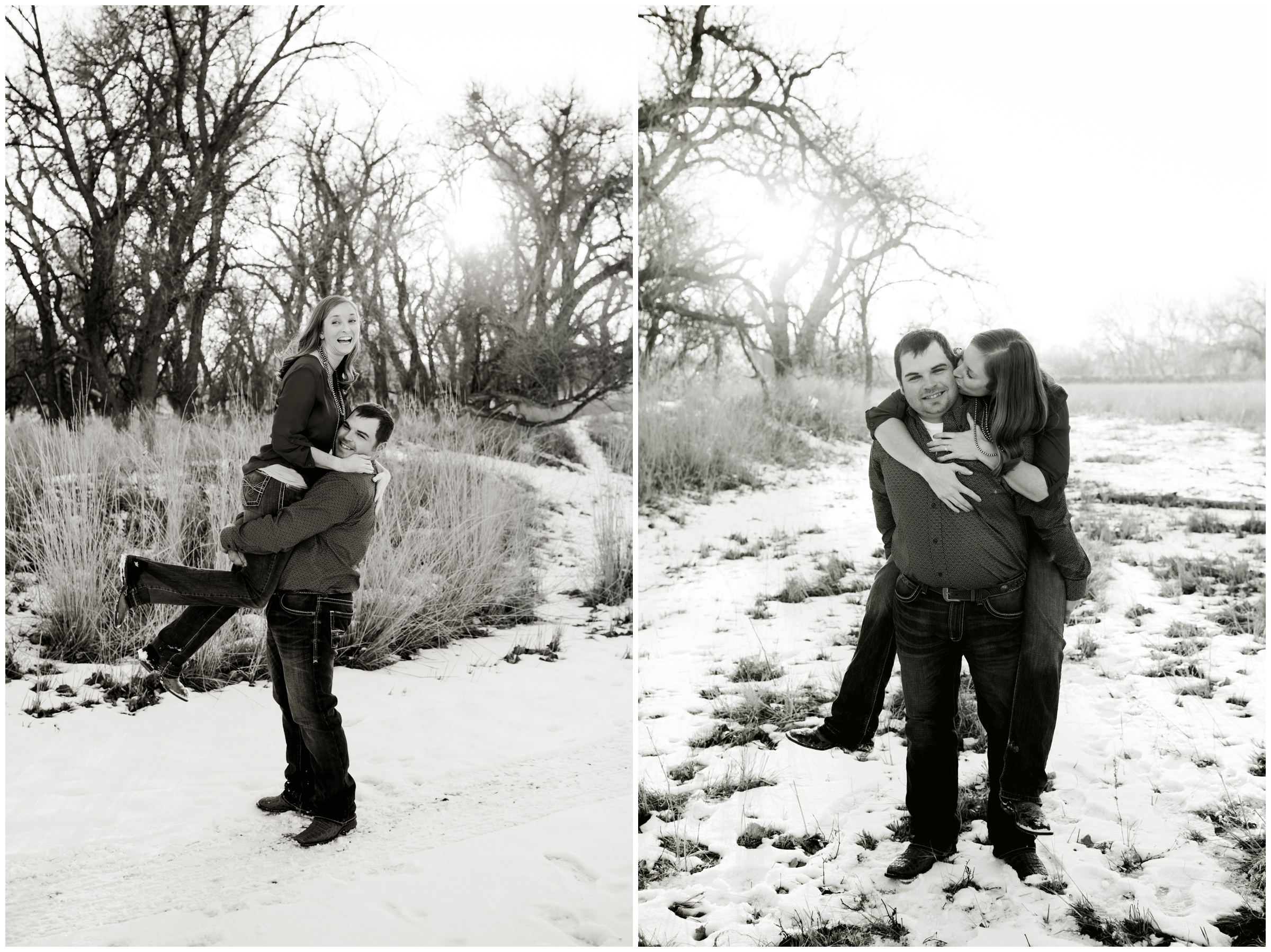 groom picking up bride during winter couple's portraits in CO