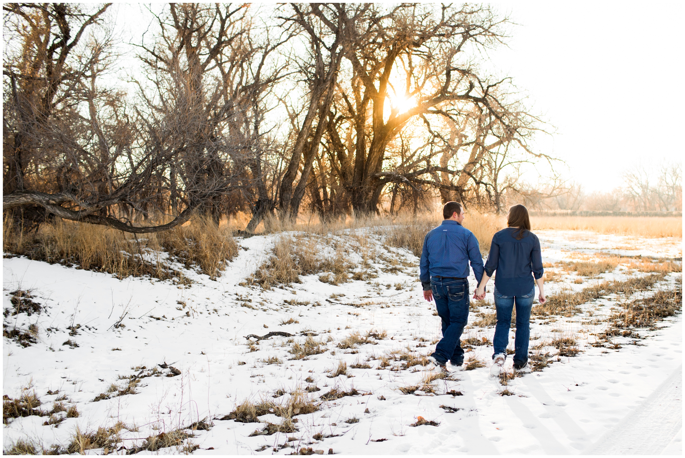 snowy and sunny engagement session in rustic Kersey Colorado 