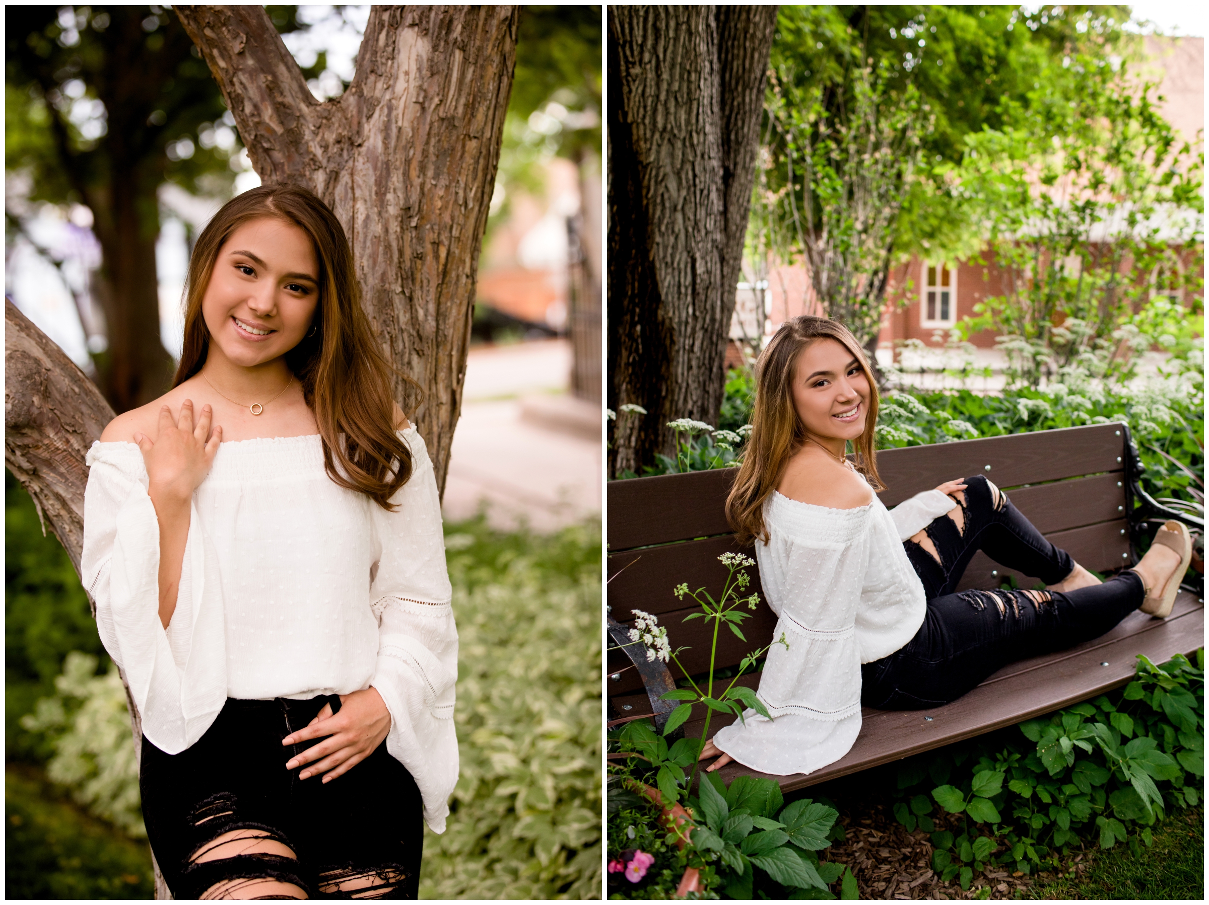 teen posing on a bench during Mead High School Colorado senior pictures 