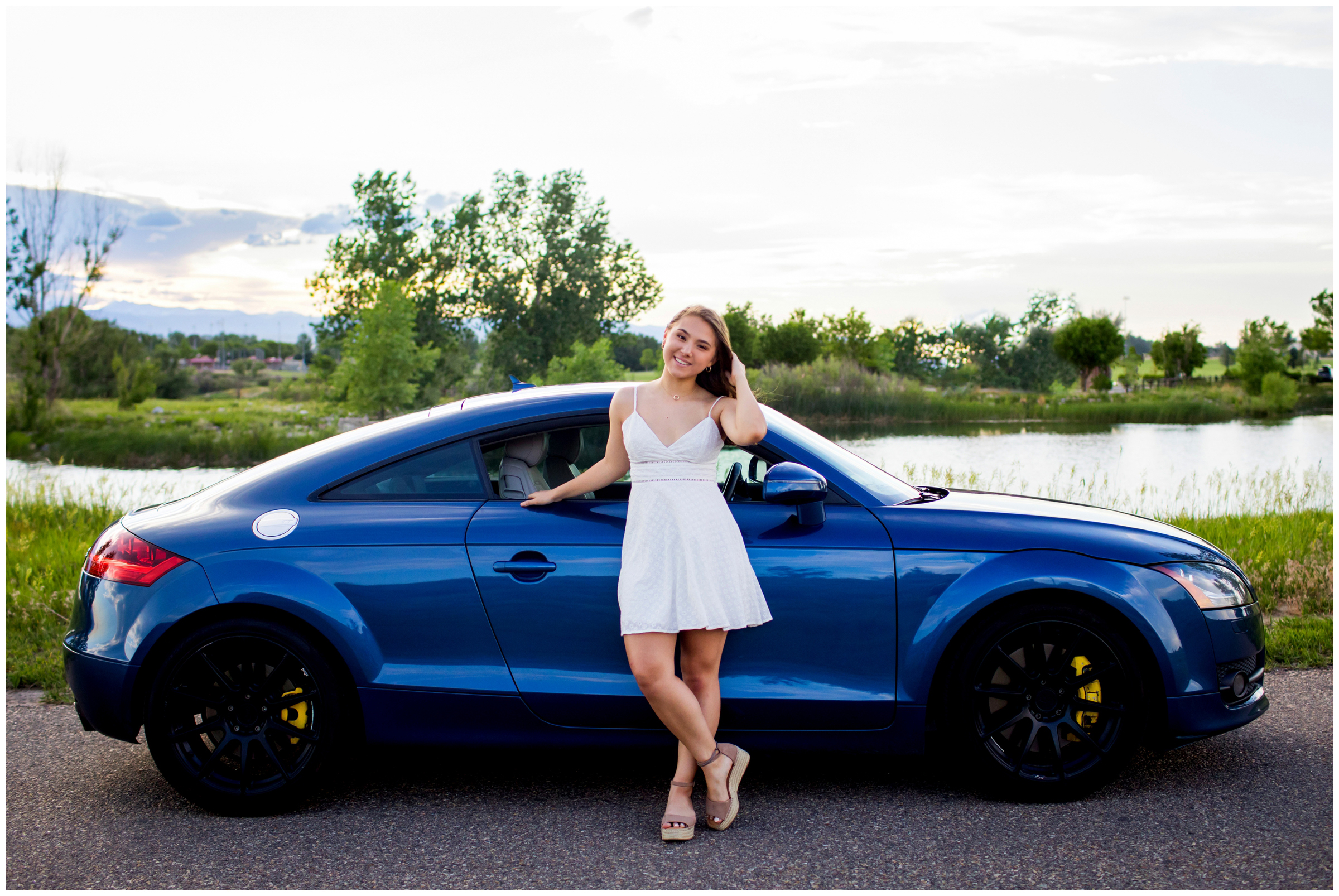 teen posing with her car during Sandstone Ranch senior photos 