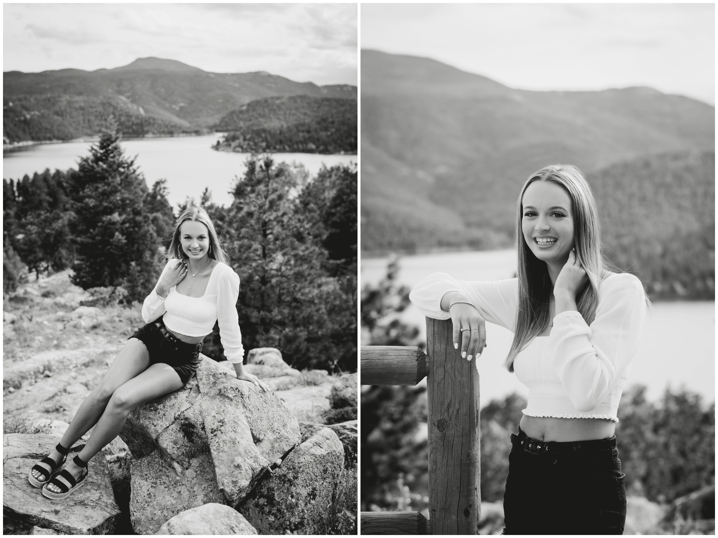 girl sitting on rocks with mountains in background during Colorado senior portraits 