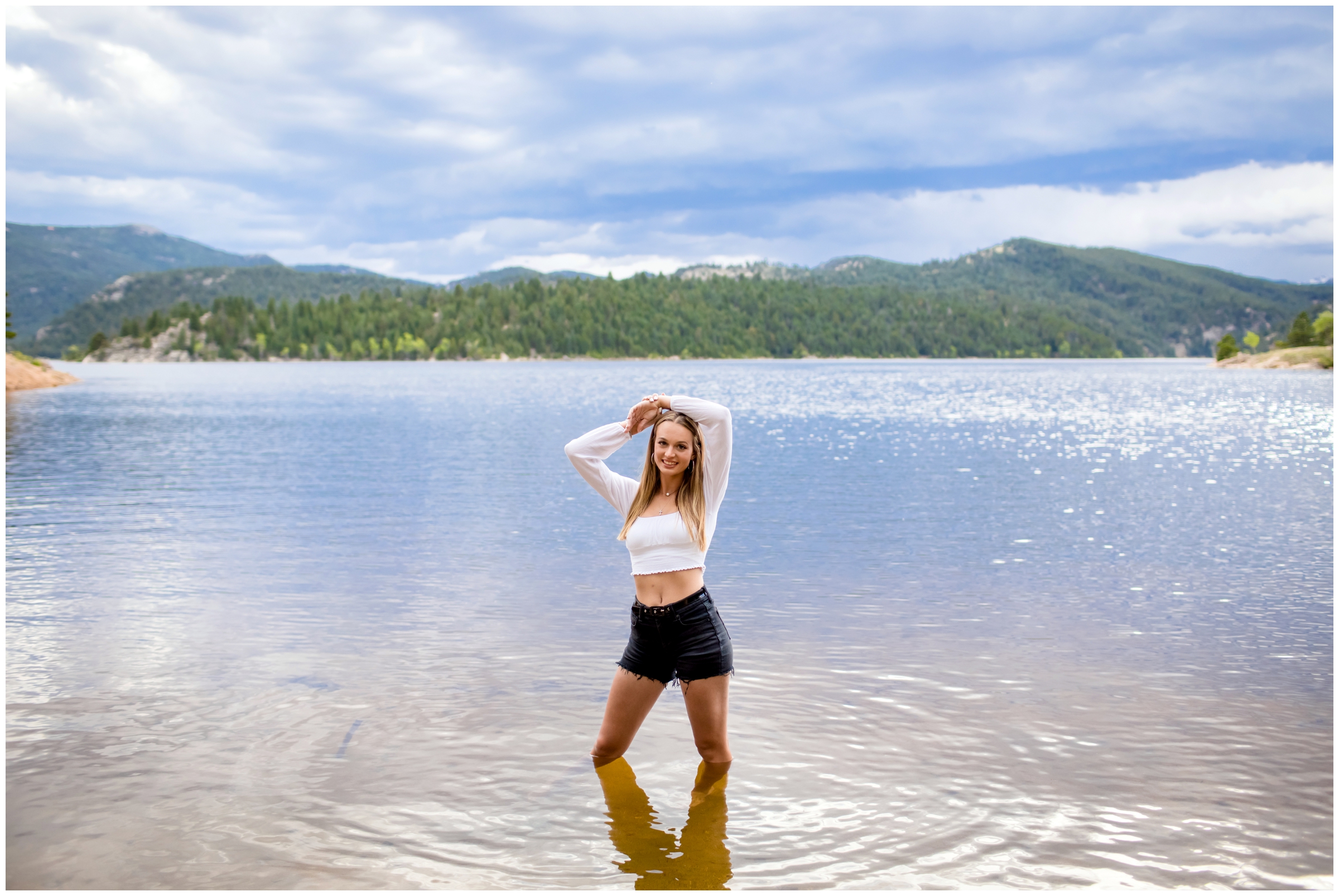 girl posing in water during at Gross Reservoir CO