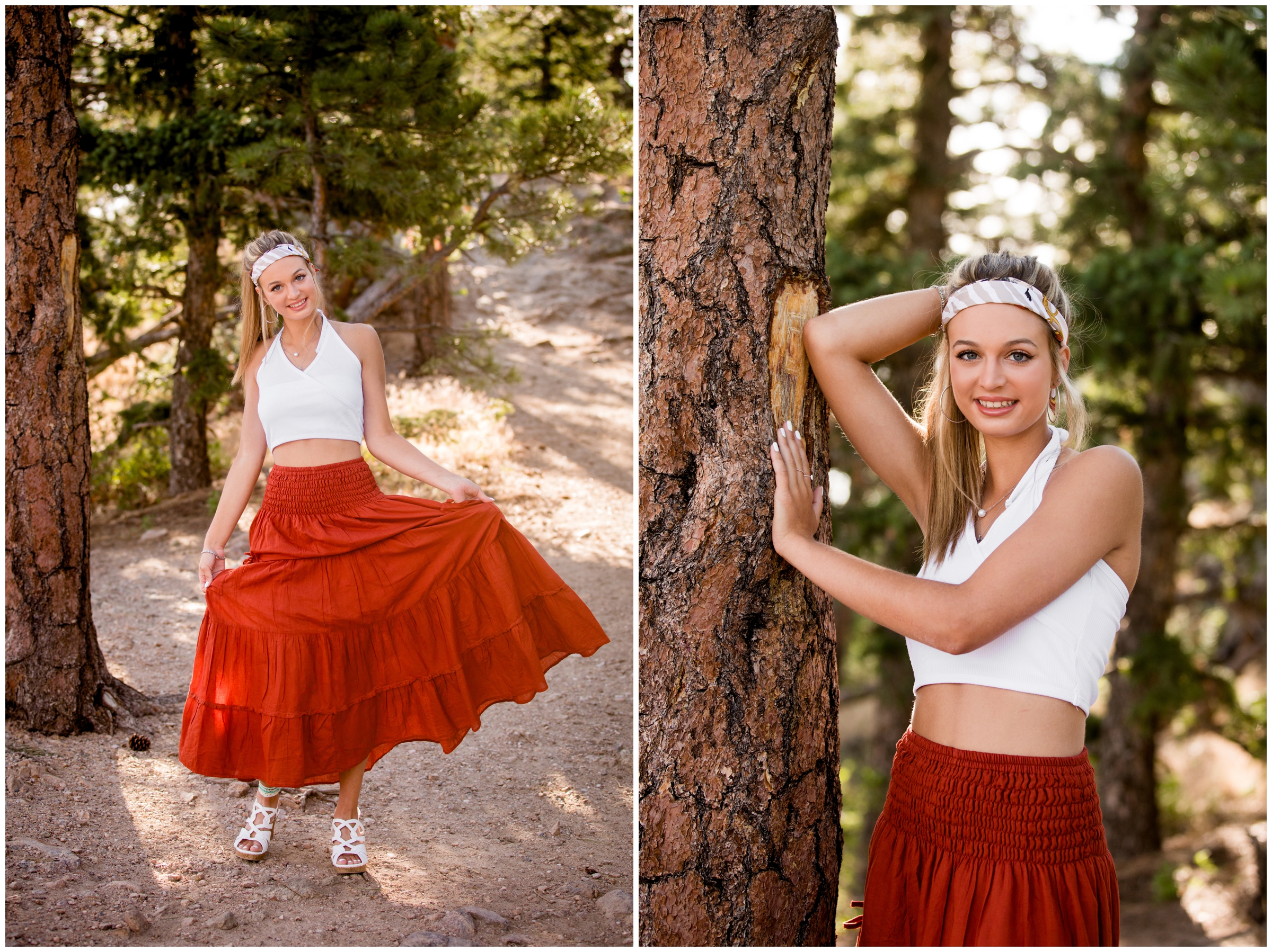 teen girl twirling in boho skirt in Colorado forest 