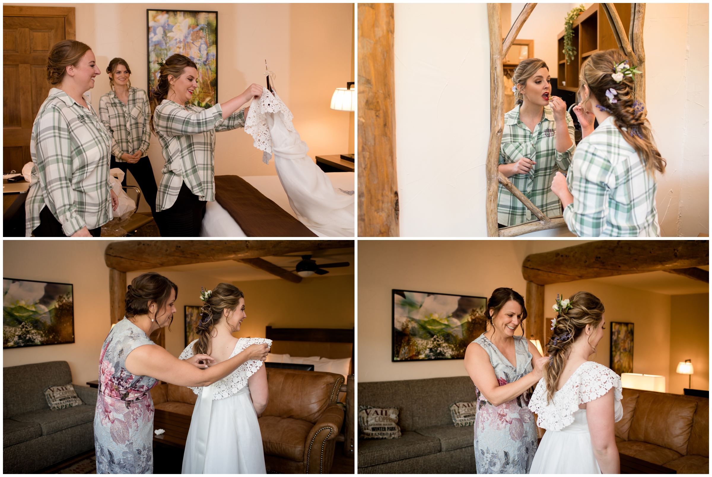 bride's mom helping her get in her dress 