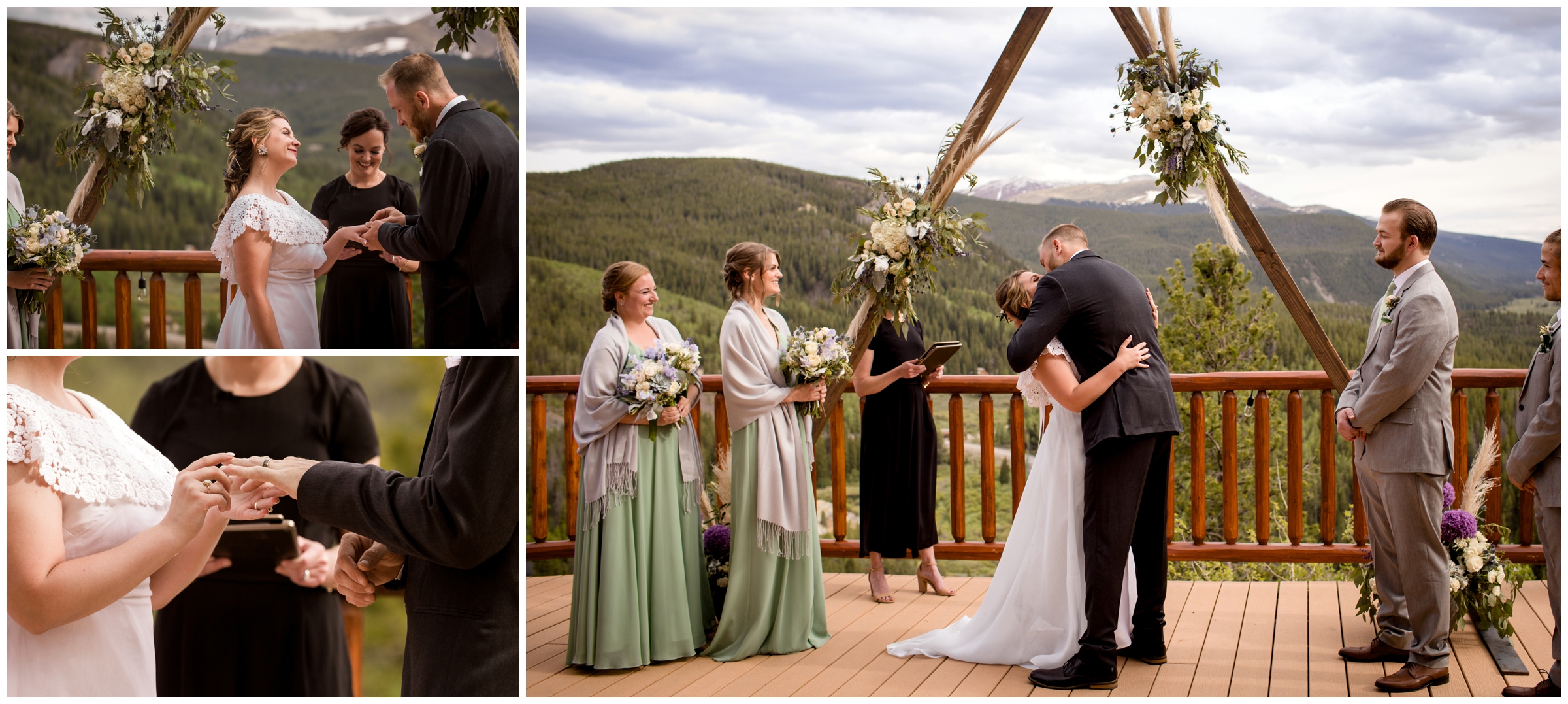 first kiss during outdoor wedding ceremony in Colorado mountains 