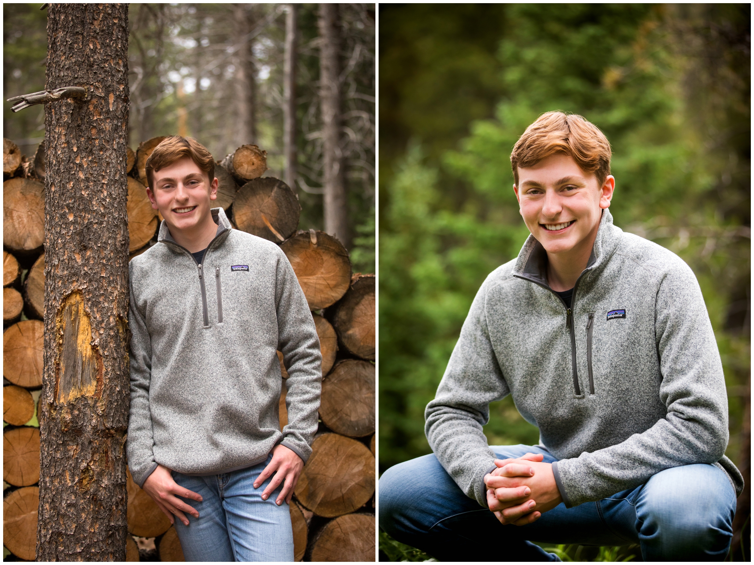 teen boy leaning against tree during forest portrait session by Plum Pretty Photo