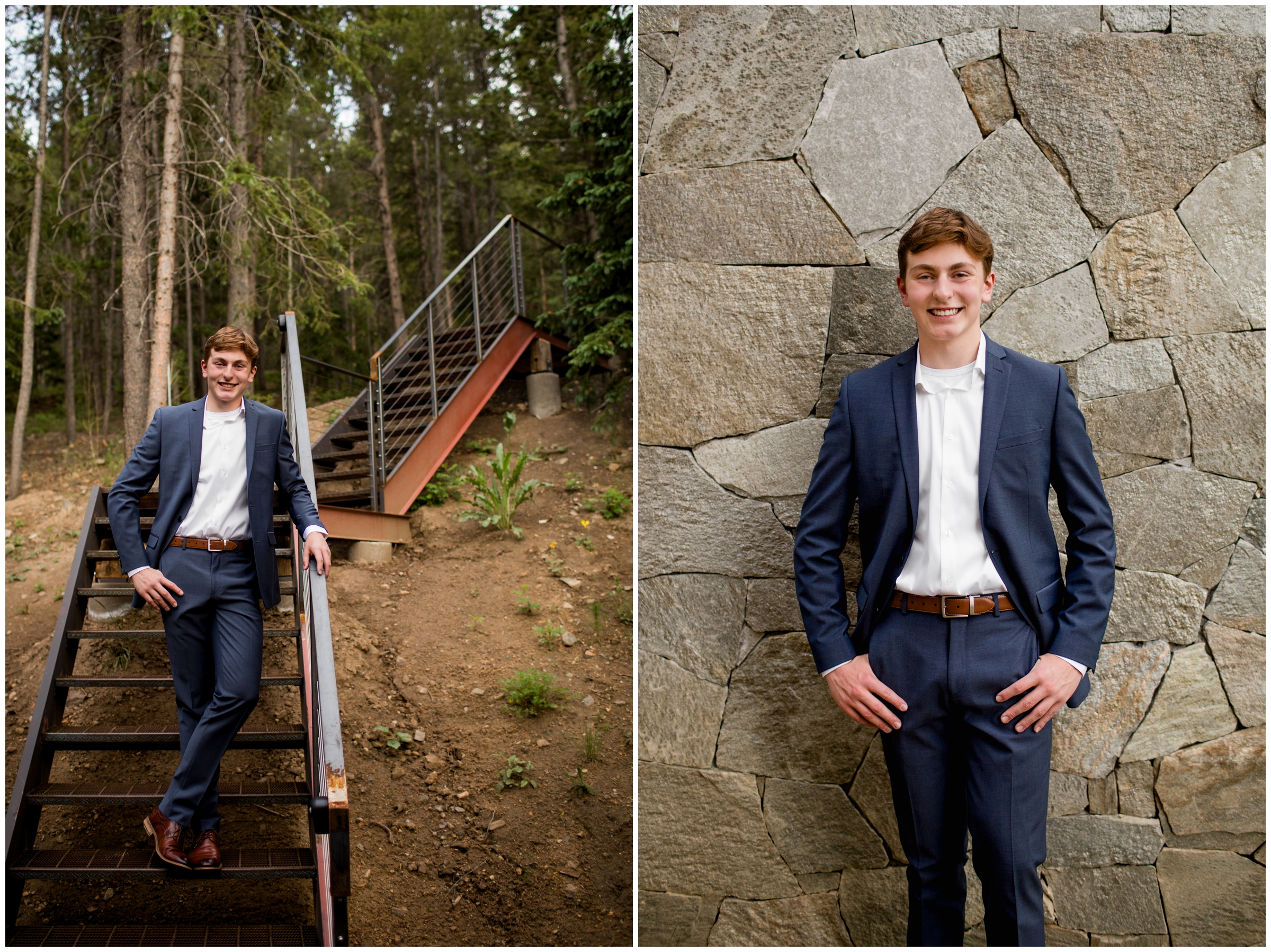 teen boy in suit leaning against metal staircase at senior photography session in Colorado 