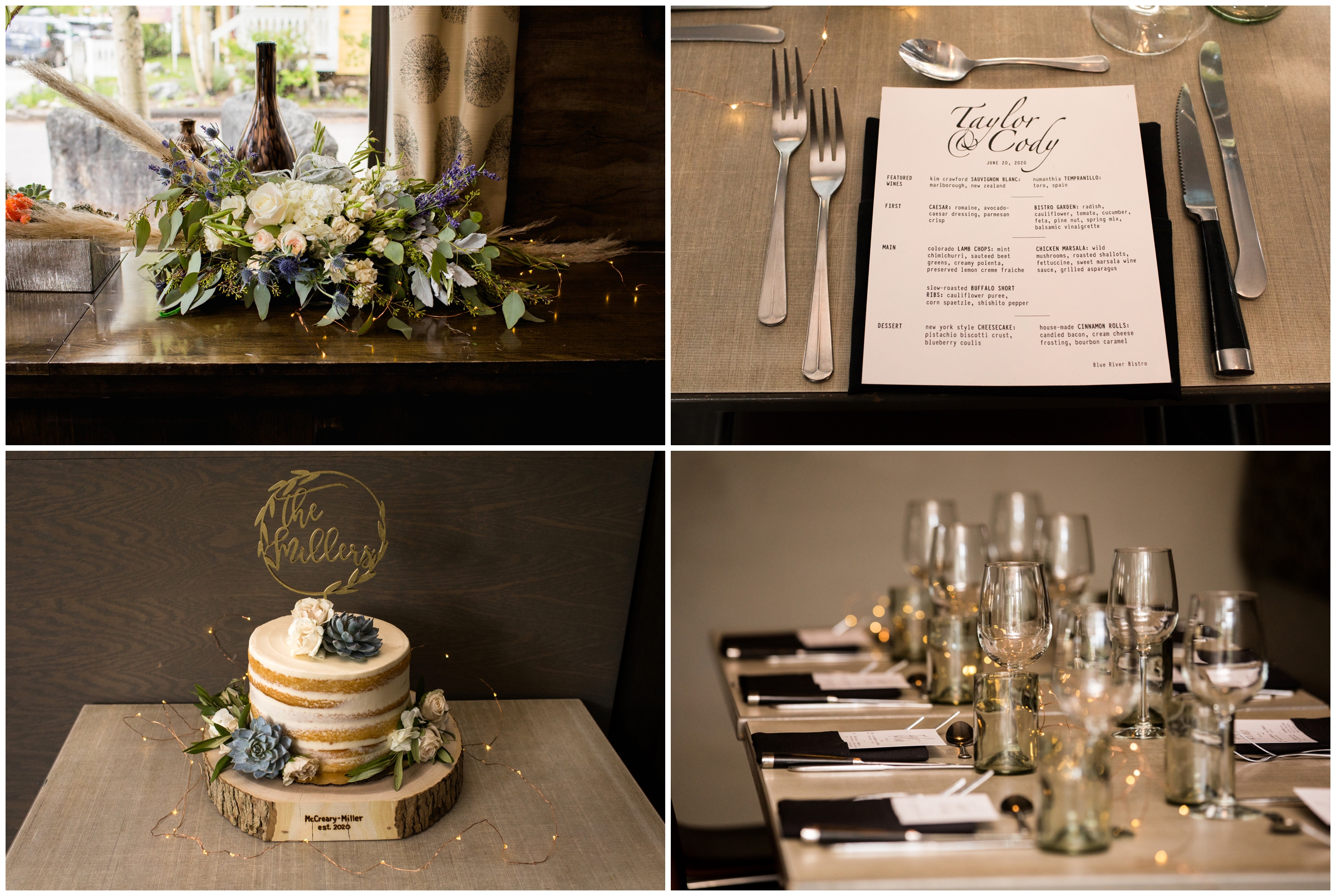 reception details at intimate restaurant wedding reception in the colorado mountains