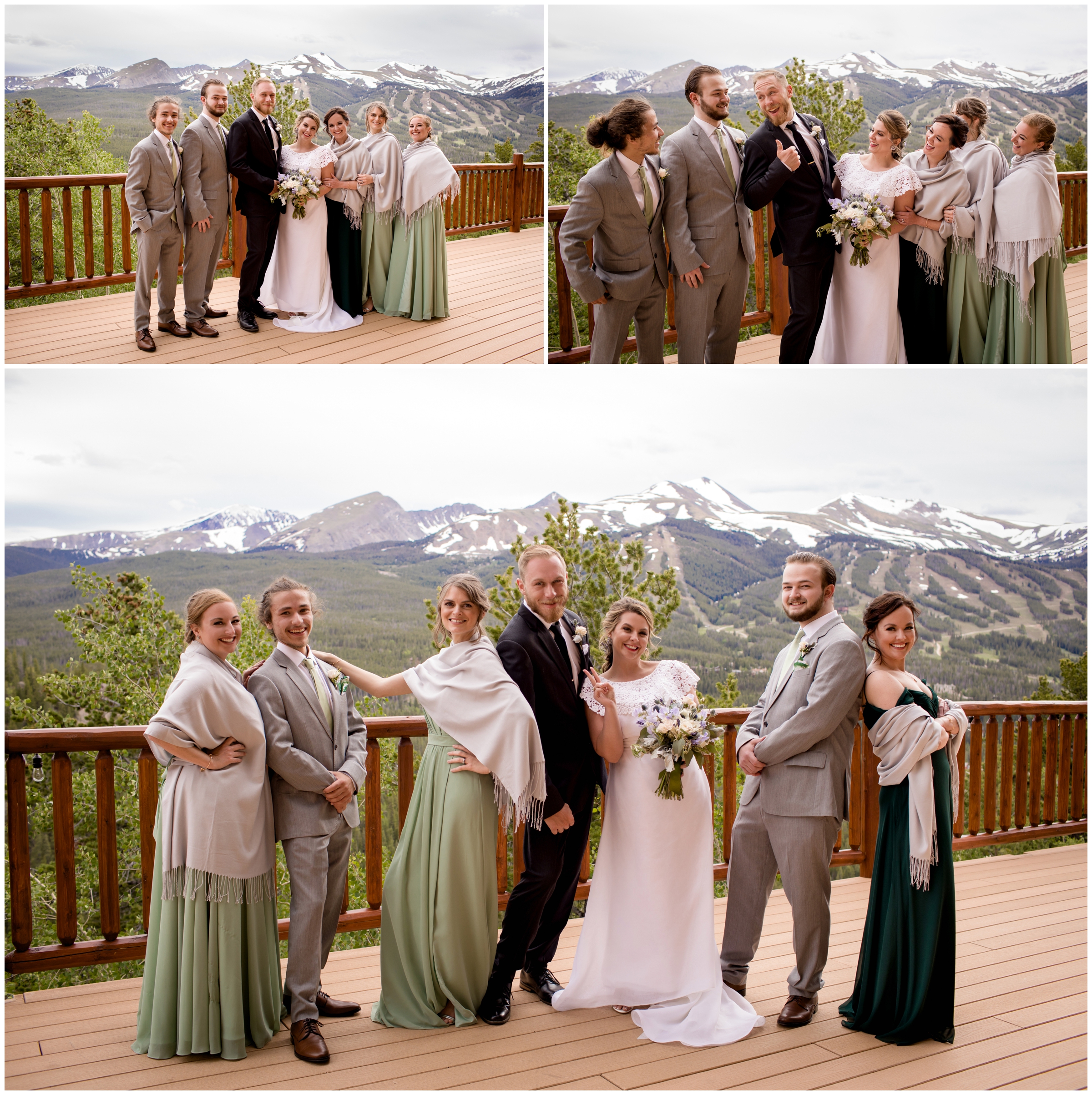 wedding party in sage green and gray at Colorado mountain wedding