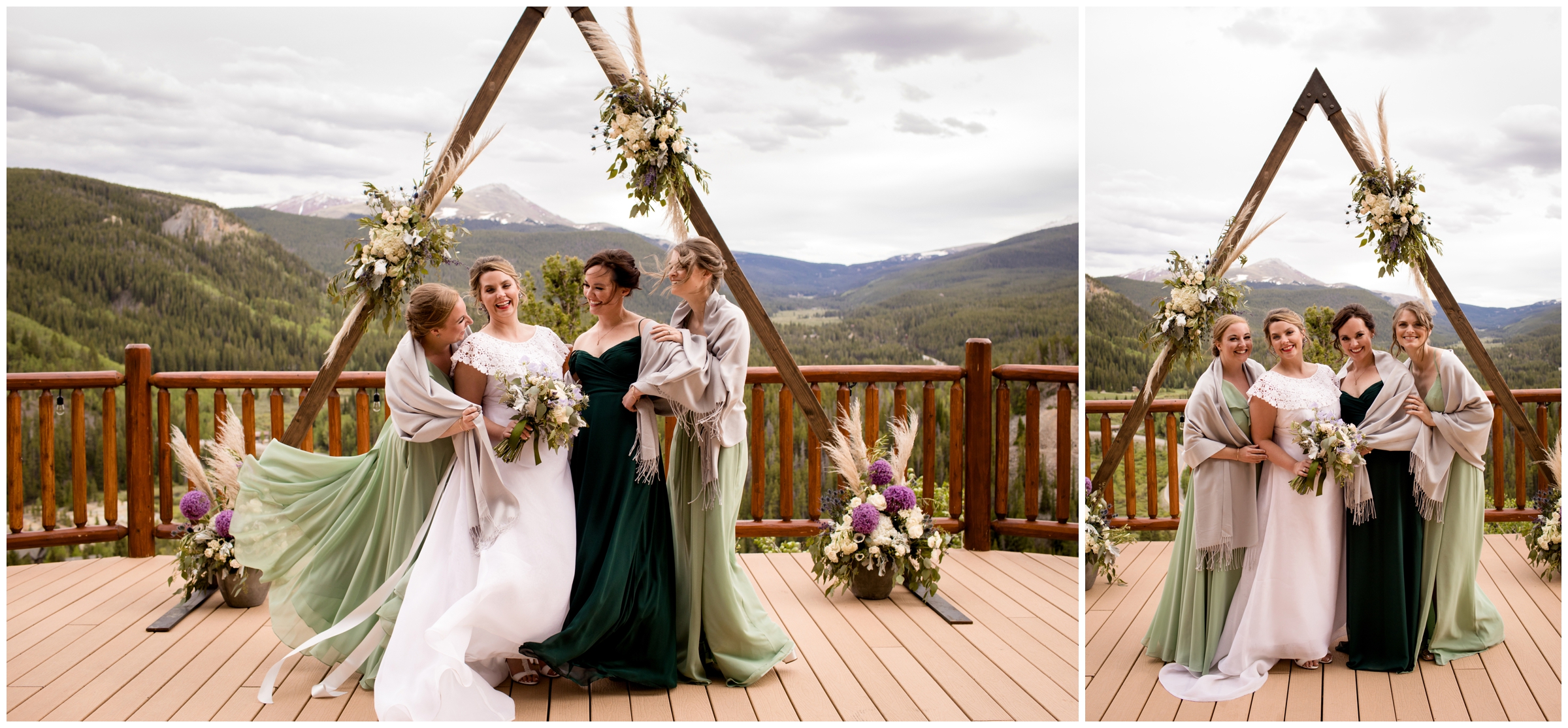 bride and bridesmaids posing on the deck at the Lodge at Breckenridge 
