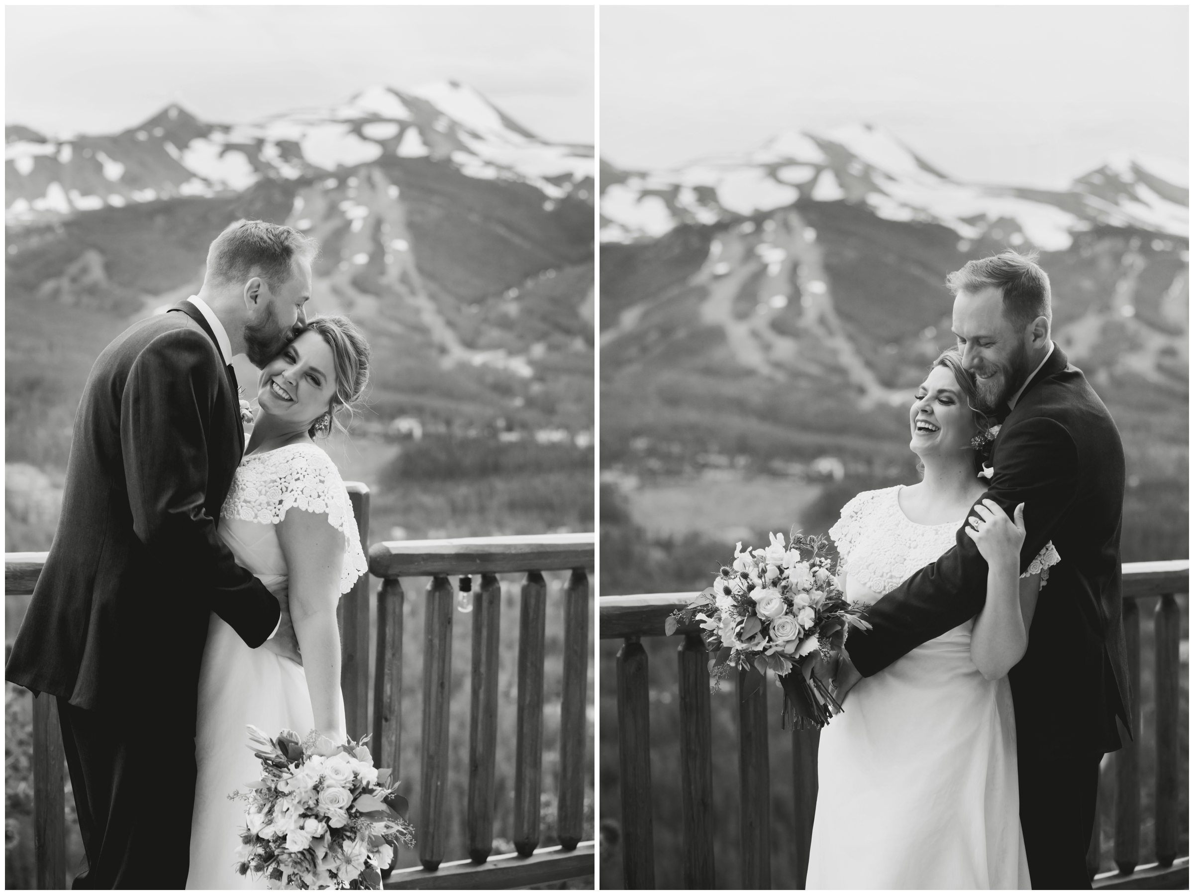 couple embracing with mountains in background during Breckenridge wedding portraits by Colorado photographer Plum Pretty Photography 