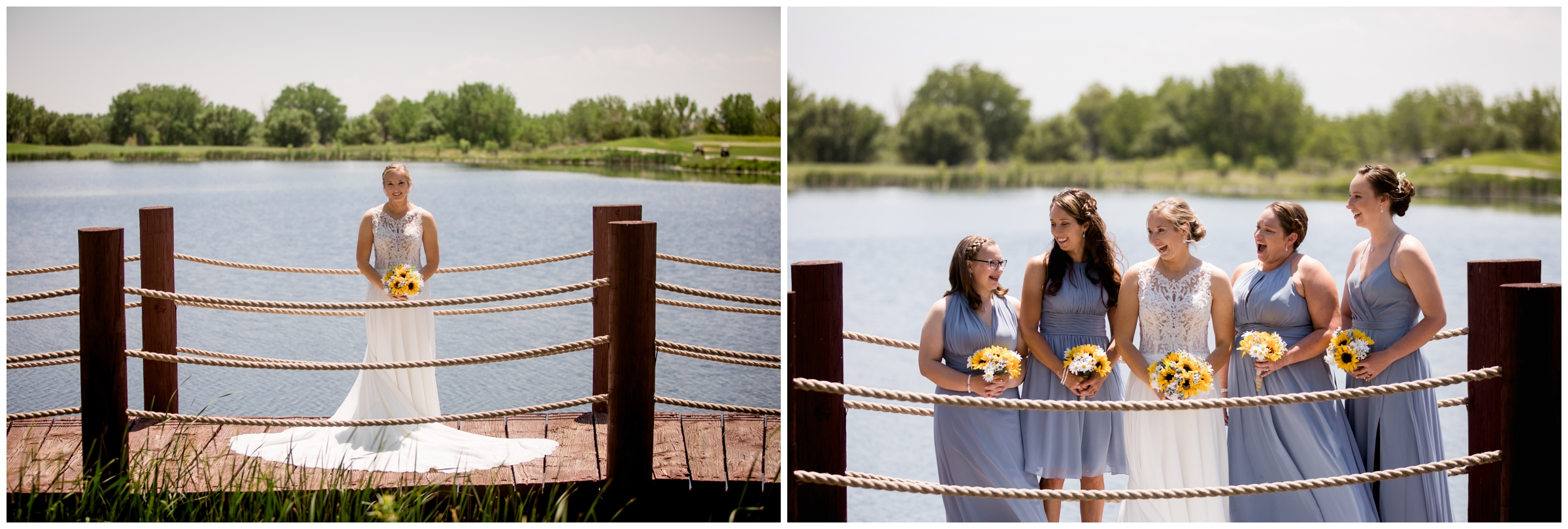 bride posing on dock during Pelican Lakes Colorado wedding photos 